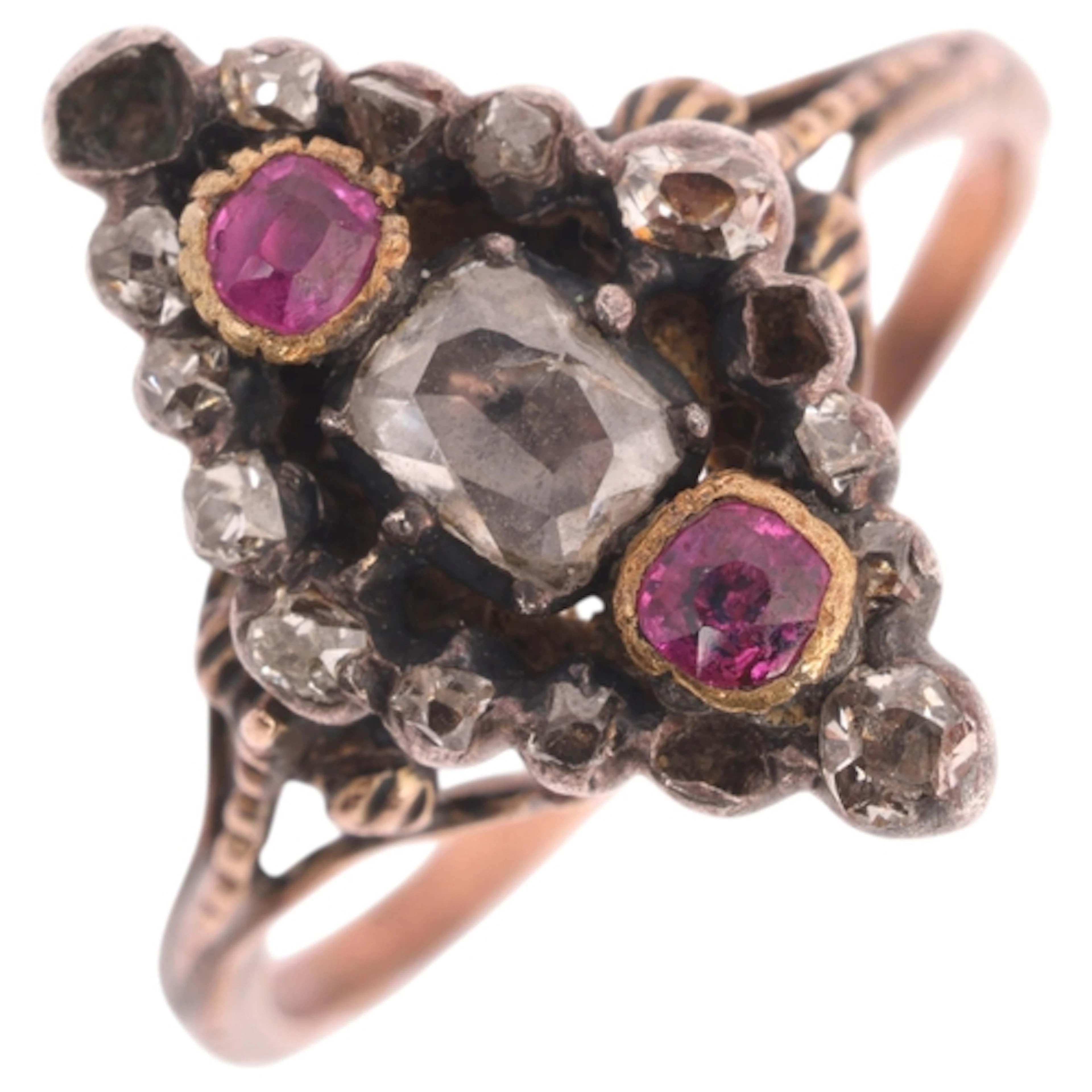 An Antique Victorian gold ruby and diamond lozenge cluster r...
