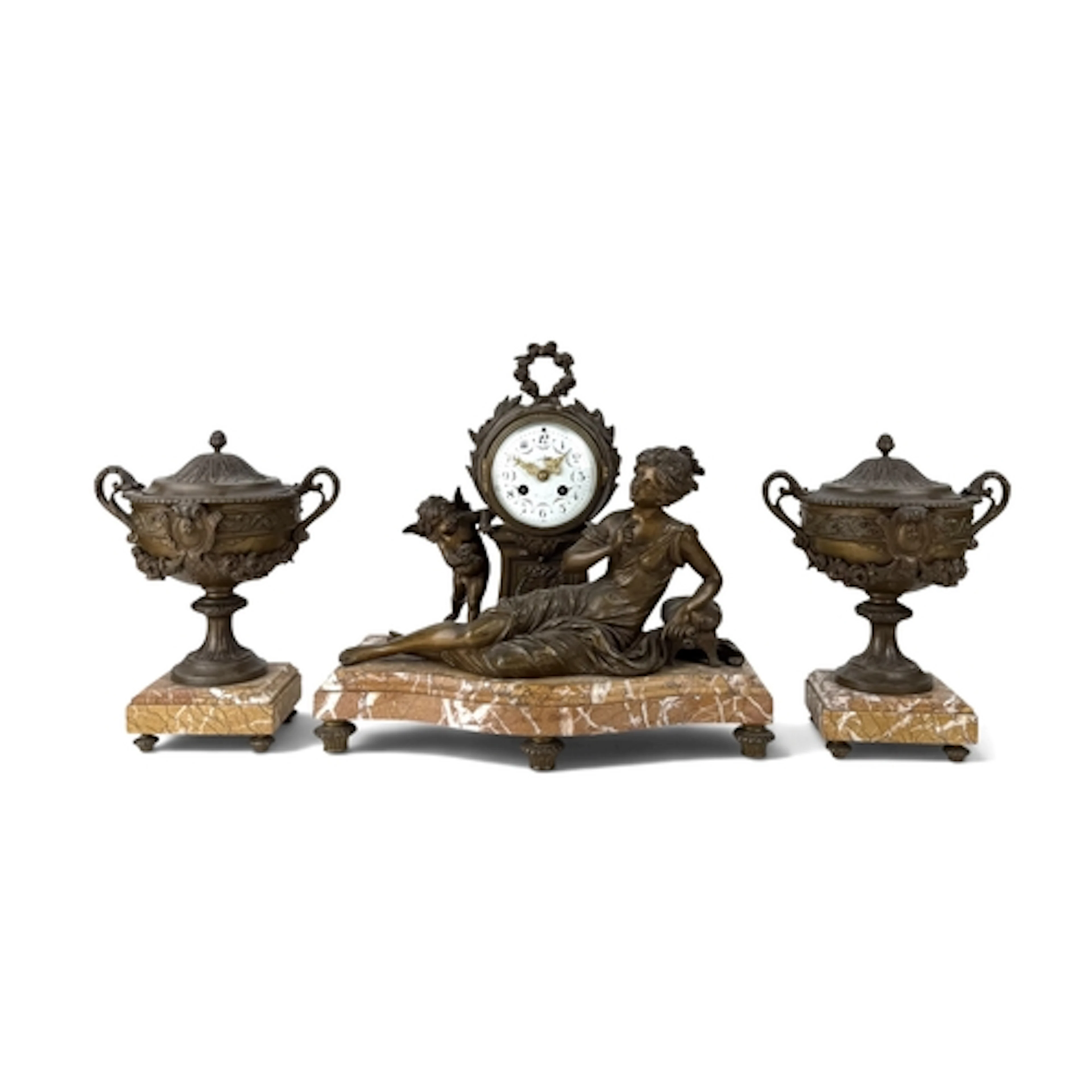 A FRENCH LATE 19TH CENTURY MARBLE AND GILT METAL CLOCK GARNI...