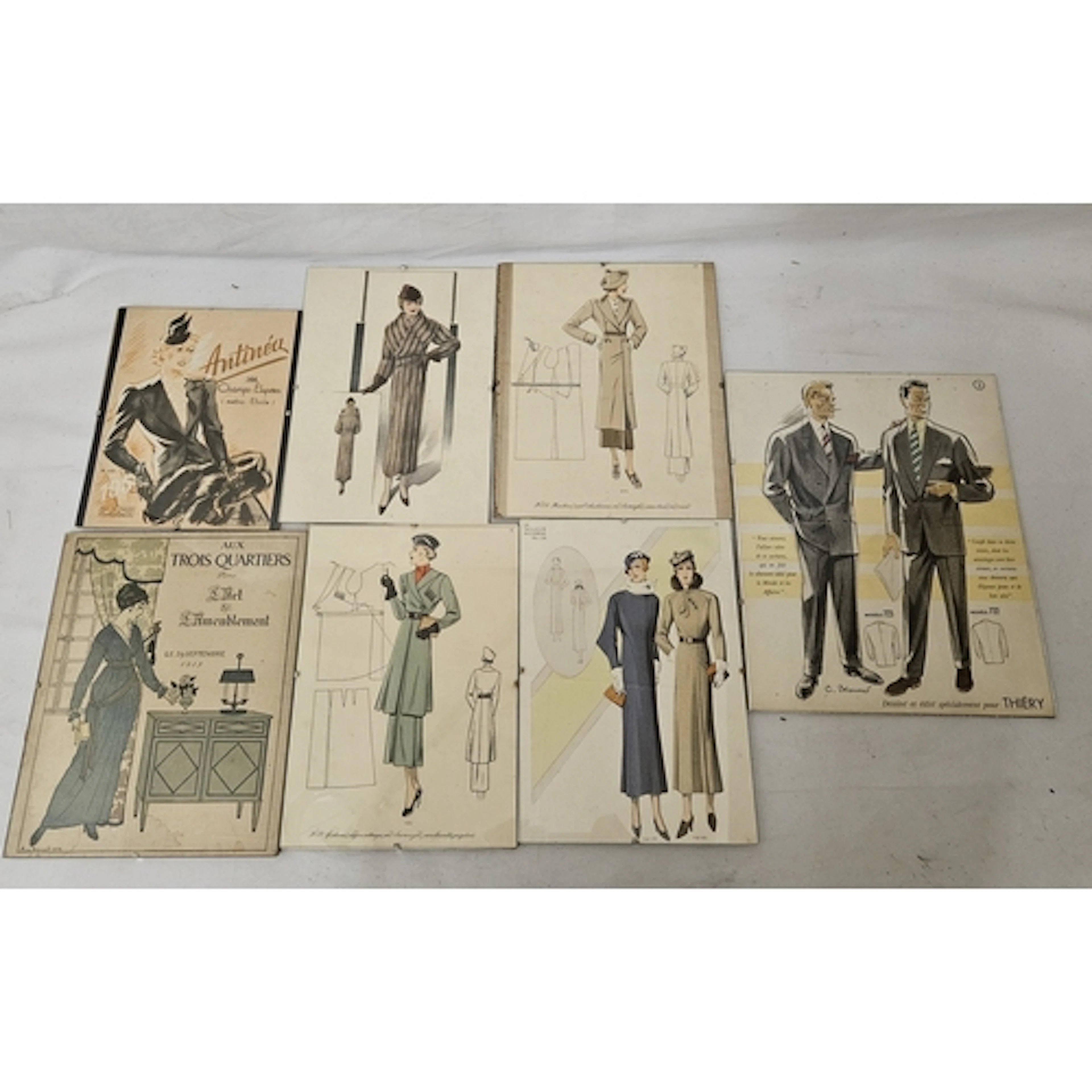 Set of 7 Glazed Fashion Prints, various figures incl. Trois ...