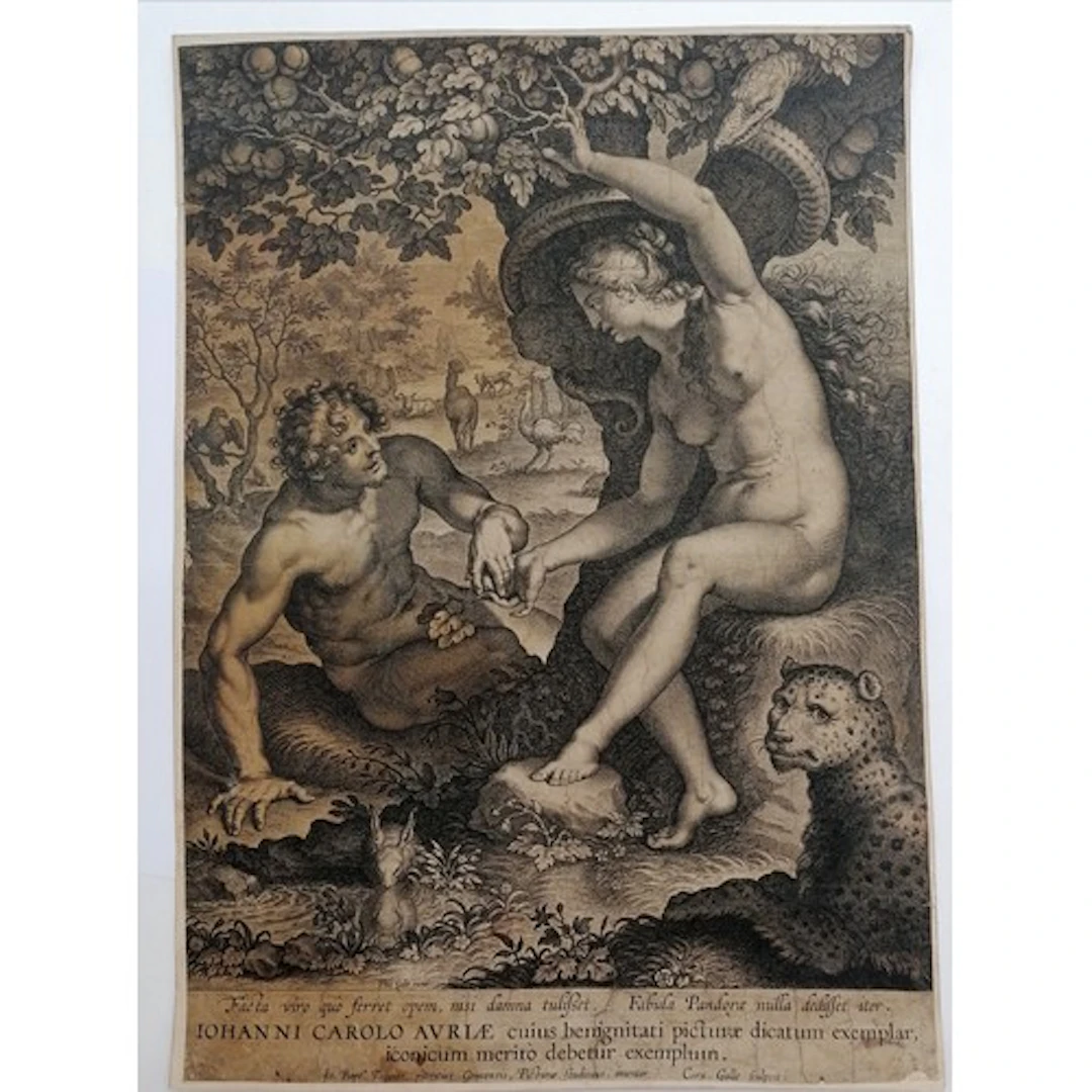 Antique engraving of 'Adam and Eve' by Cornelius Galle the e...