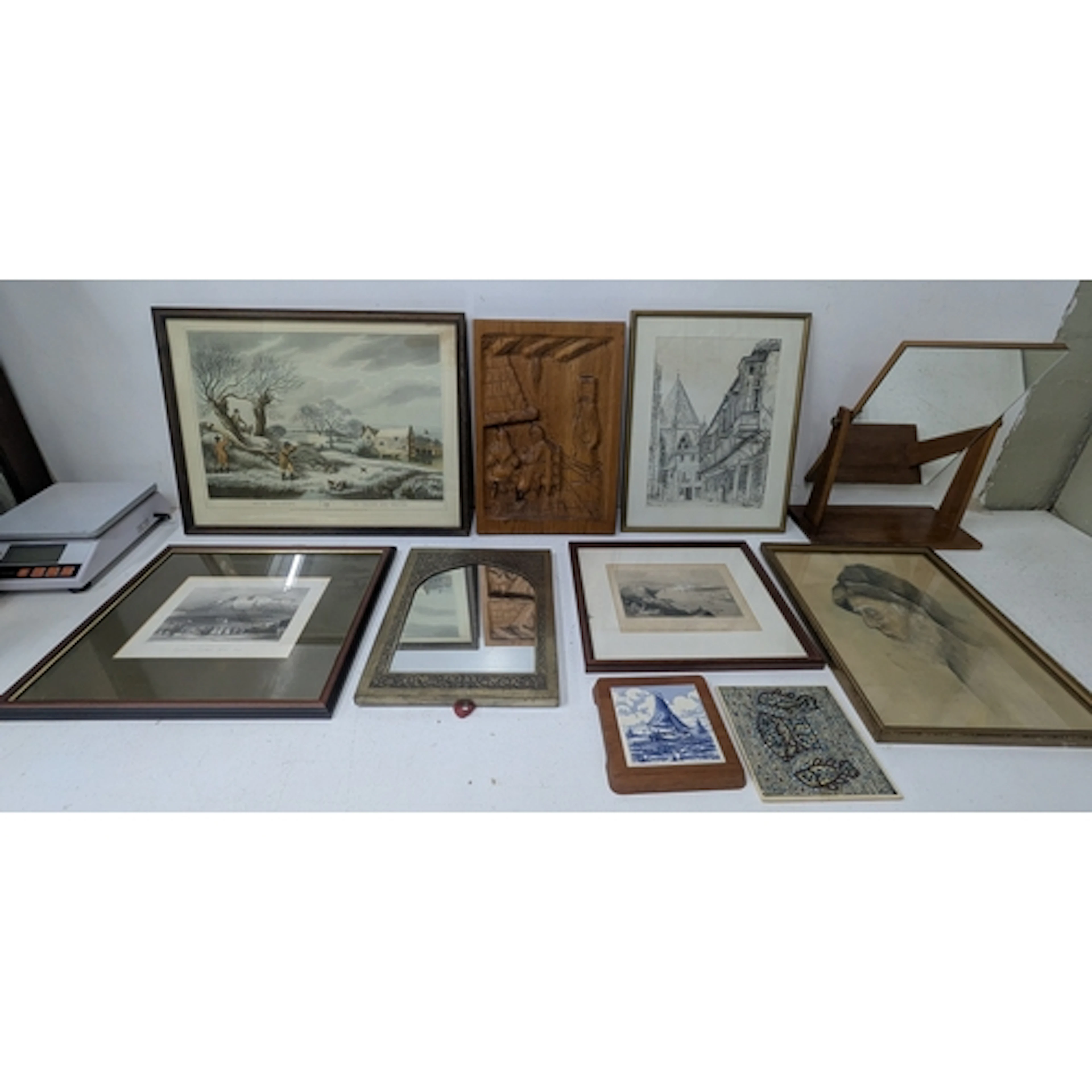 A group of framed and glazed prints, together with a ceramic...