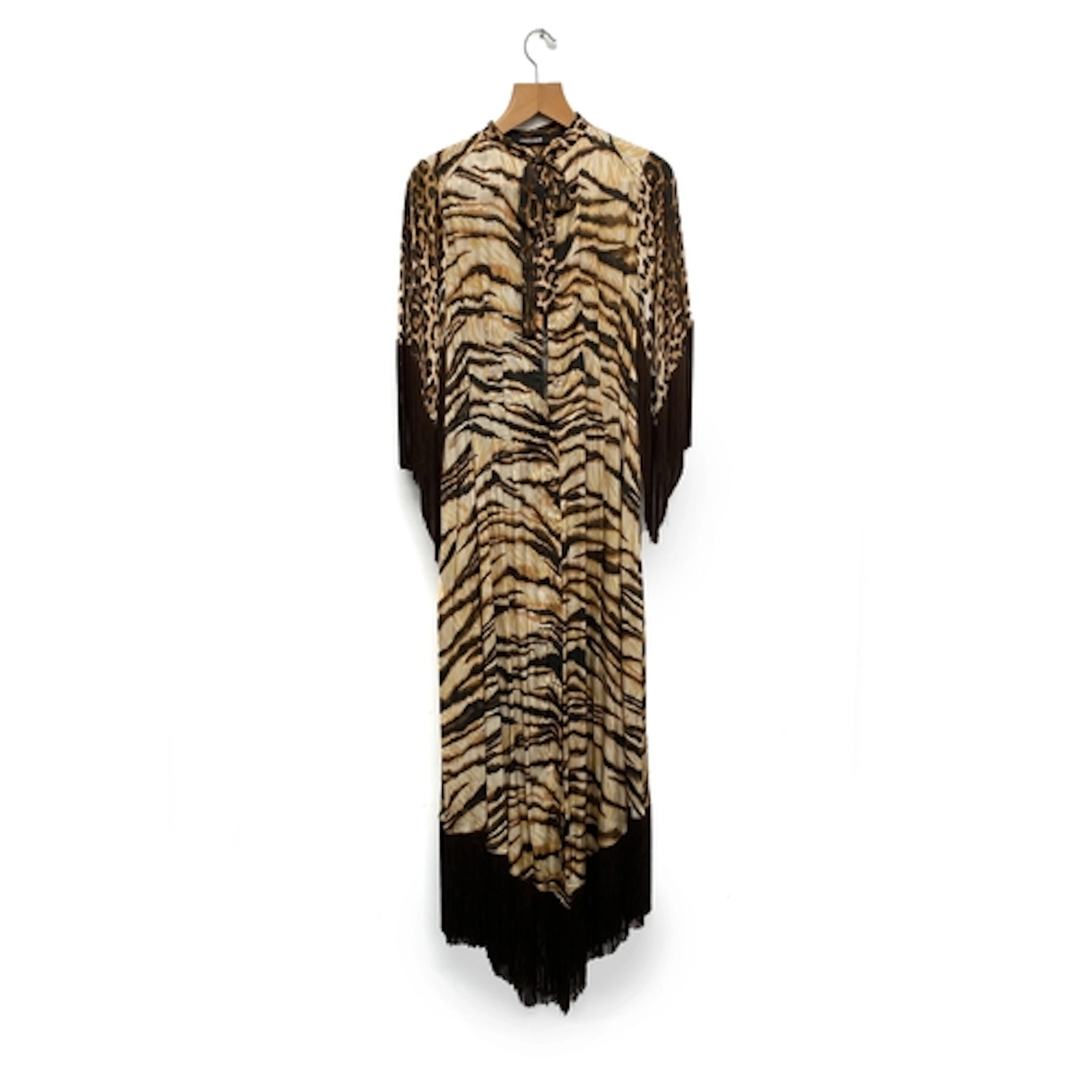 A Robert Cavalli animal print dress with fringe tassels, but...