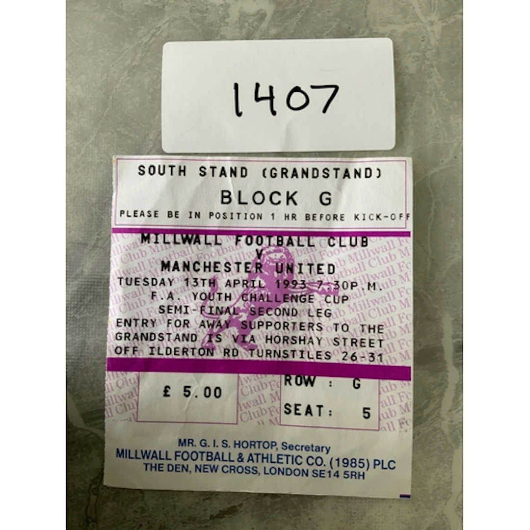 1993 Millwall v Manchester United Youth Cup Football Ticket:...