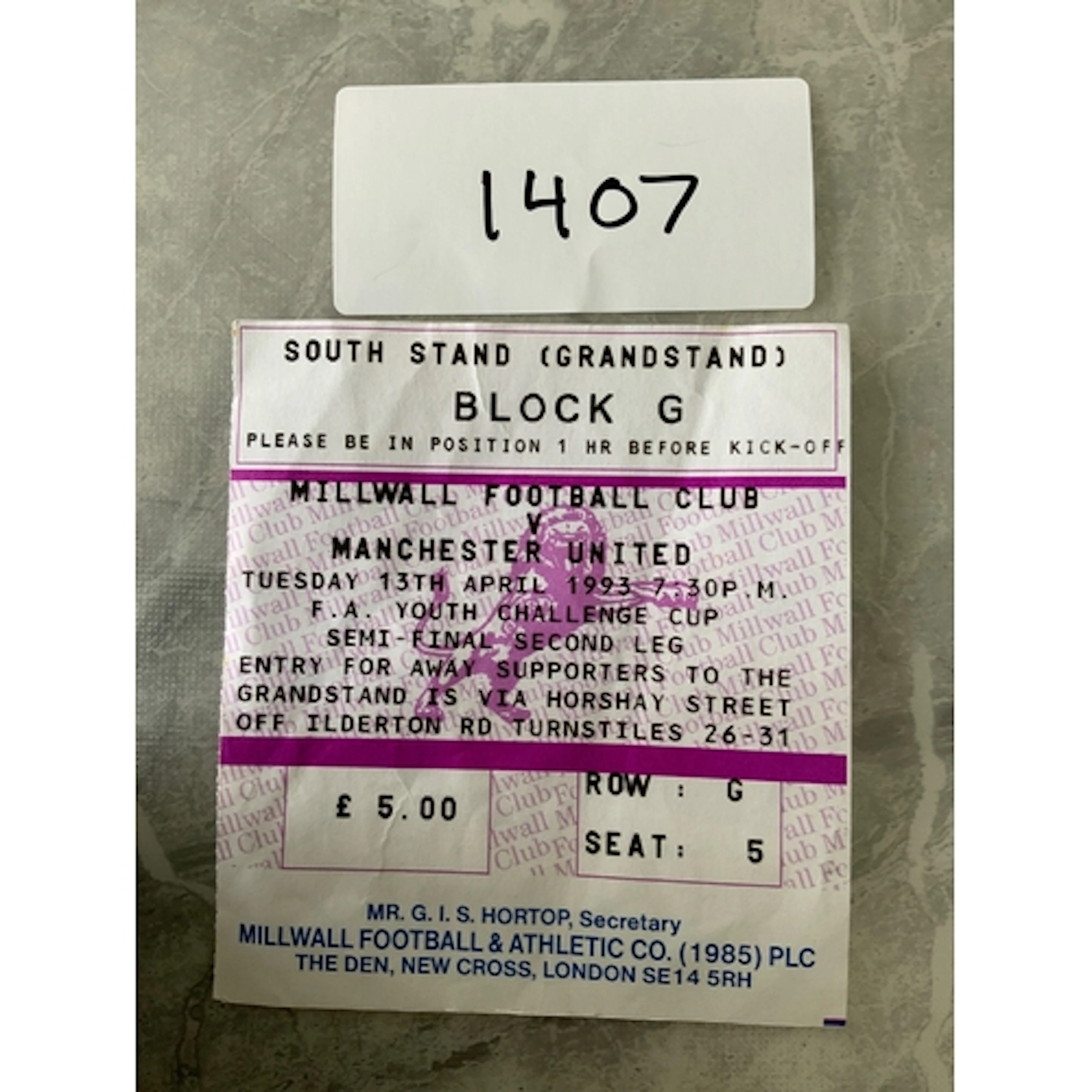 1993 Millwall v Manchester United Youth Cup Football Ticket:...
