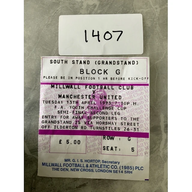 1993 Millwall v Manchester United Youth Cup Football Ticket:...