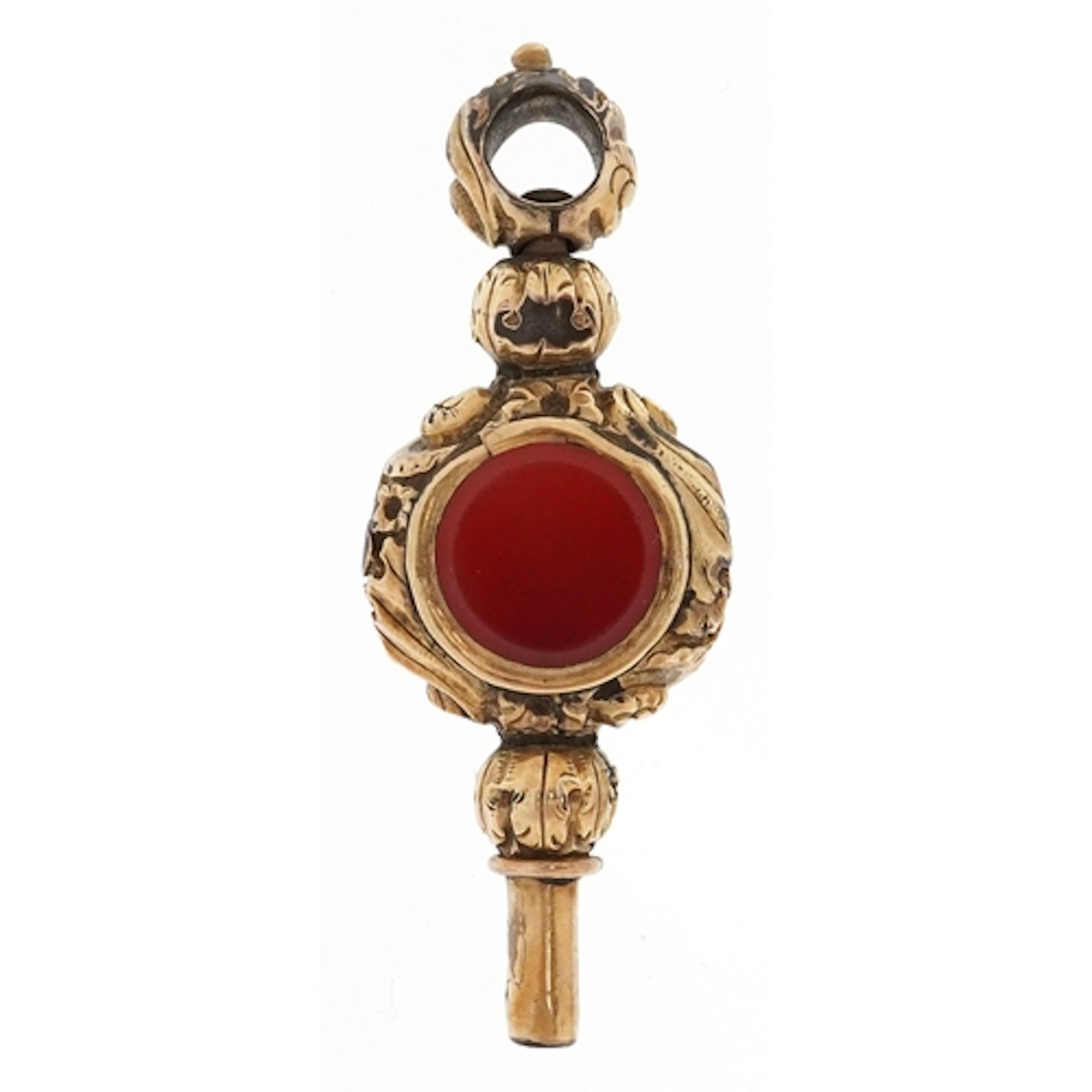 Antique yellow metal carnelian watch key, 4.7cm high, 8.5g.