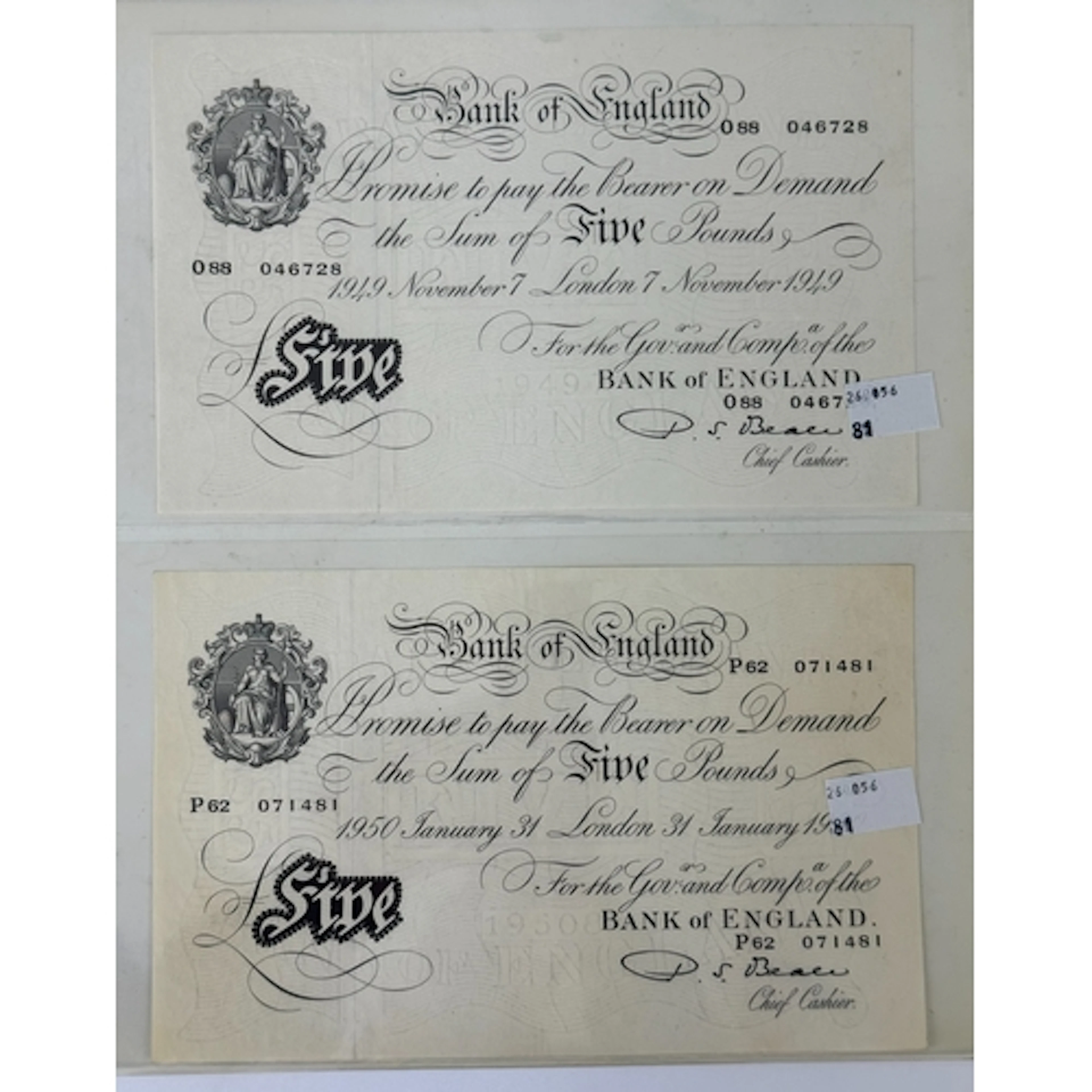 Banknotes: P S Beale £5 notes (2) 1st March 1949 serial numb...