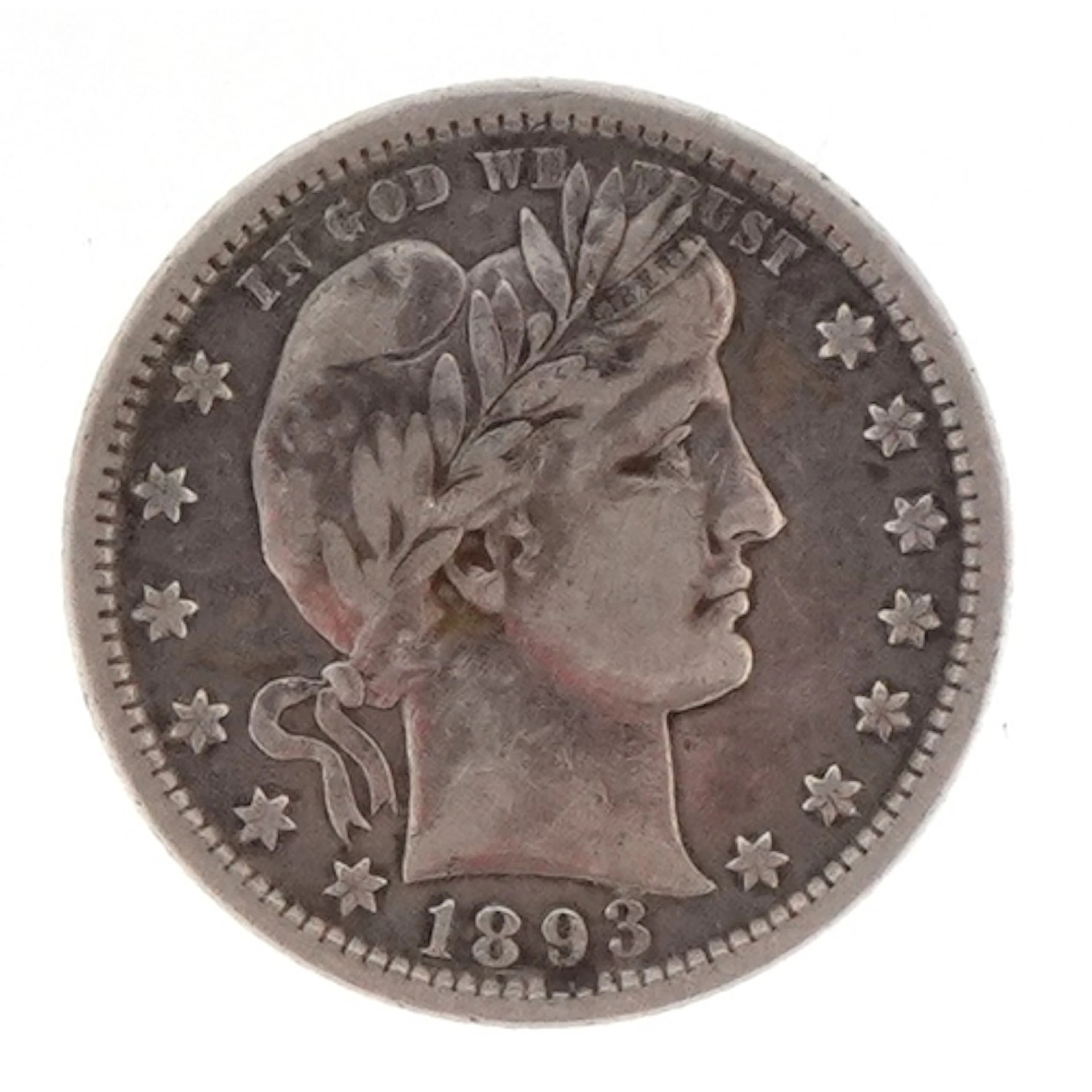 United States 1893 silver Barber quarter dollar.