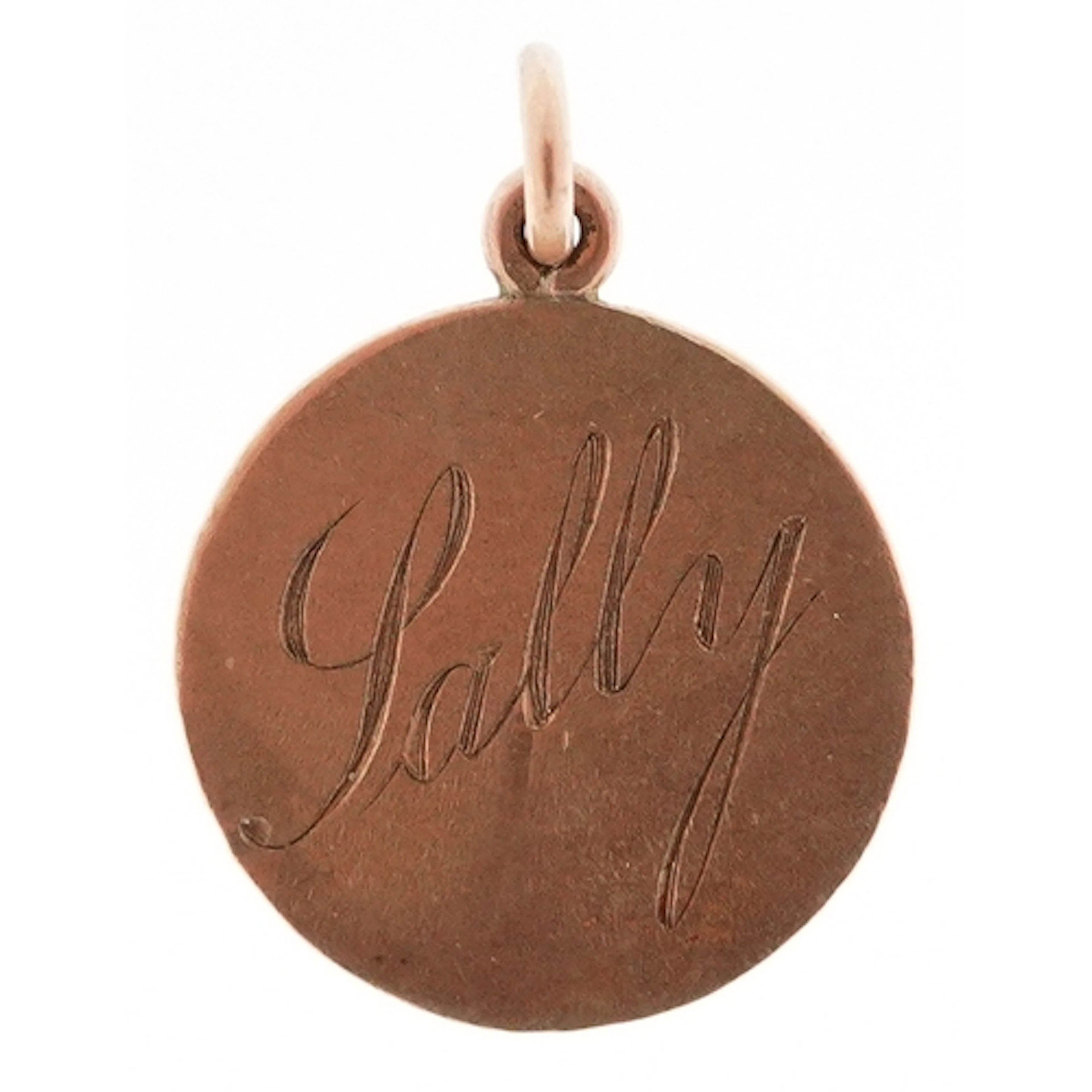 9ct gold charm, engraved Sally, 1.3cm in diameter, 1.1g.