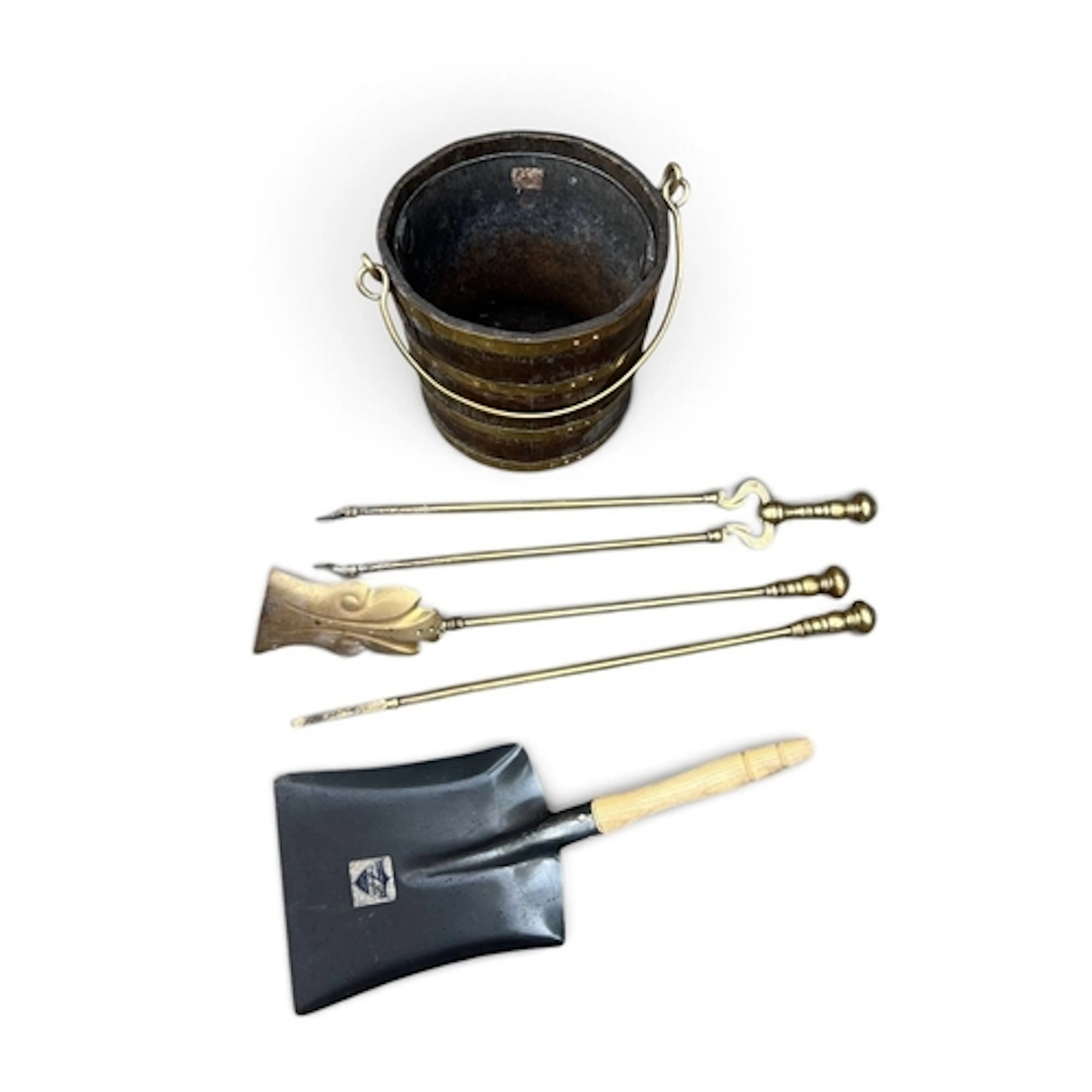 AN ANTIQUE BRASS-MOUNTED BUCKET, TOGETHER WITH A COLLECTION ...