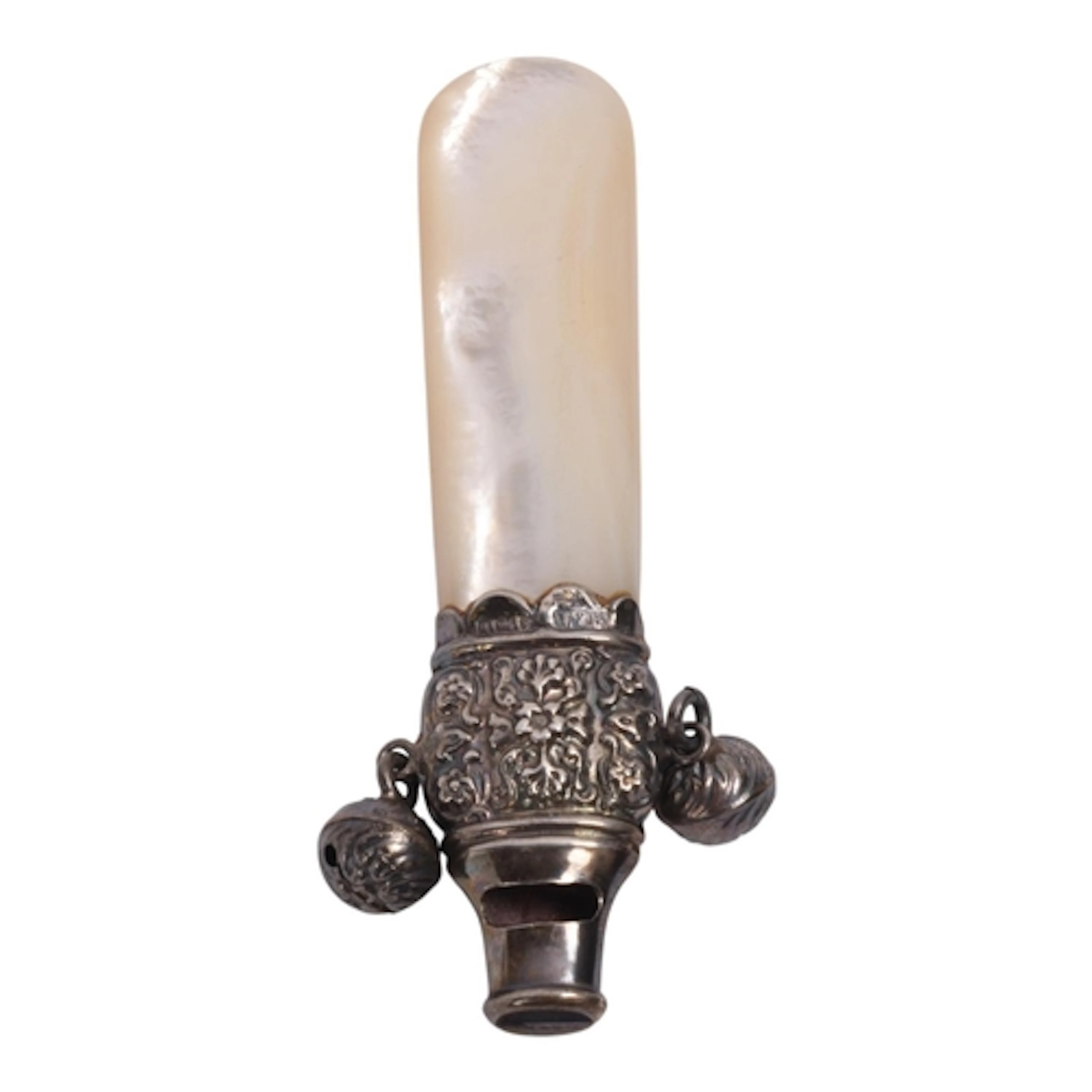 An Edwardian silver mother-of-pearl baby's rattle and whistl...