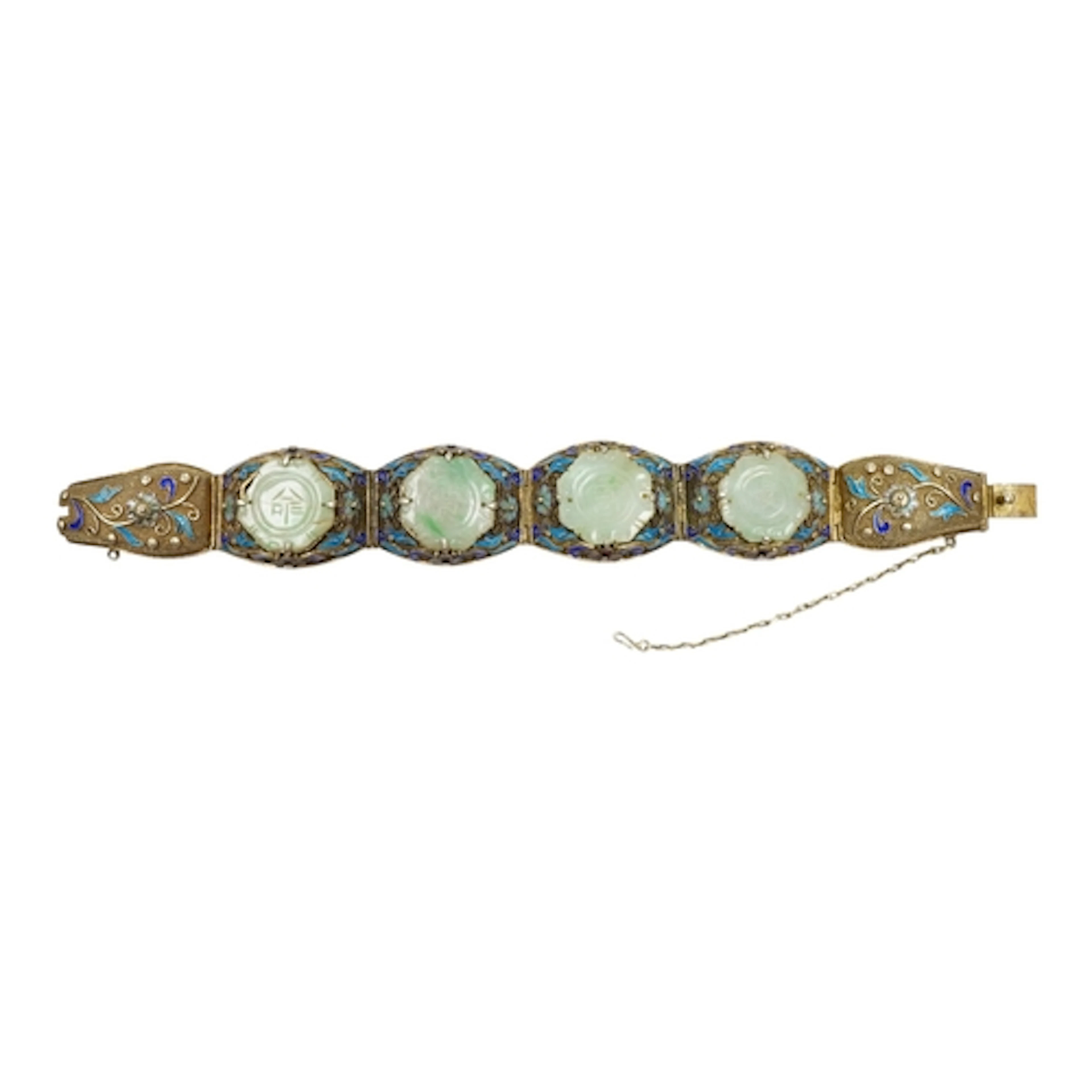 A Chinese filigree work and jadeite mounted brooch, length a...
