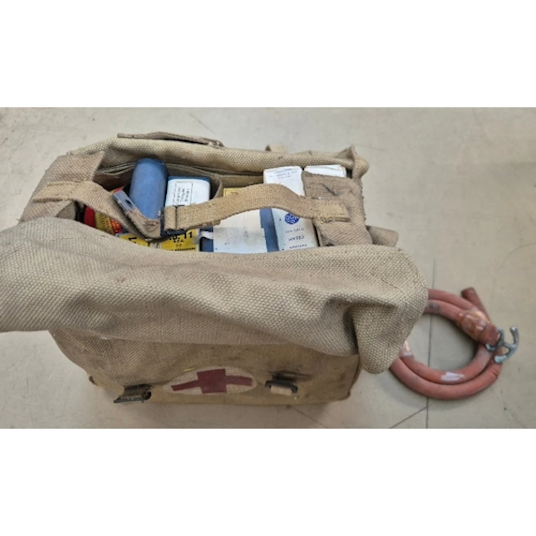 A 1944 British surgical haversack with contents.