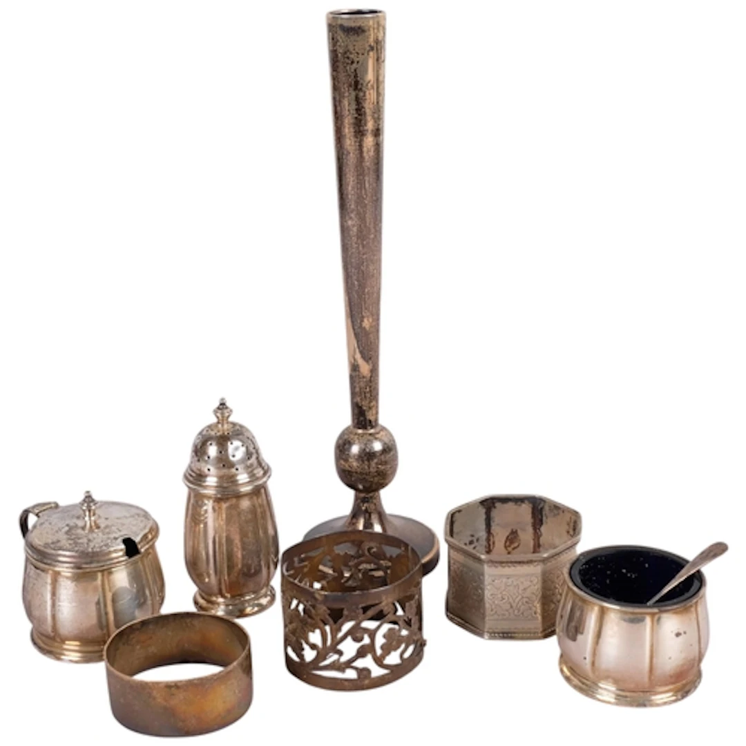 Various silver, including 3-piece cruet set, bud vase (loade...