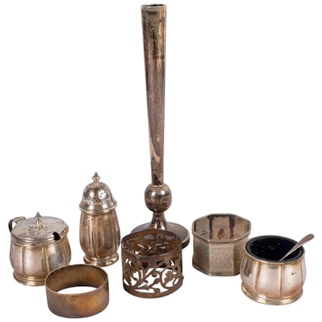 Various silver, including 3-piece cruet set, bud vase (loade...