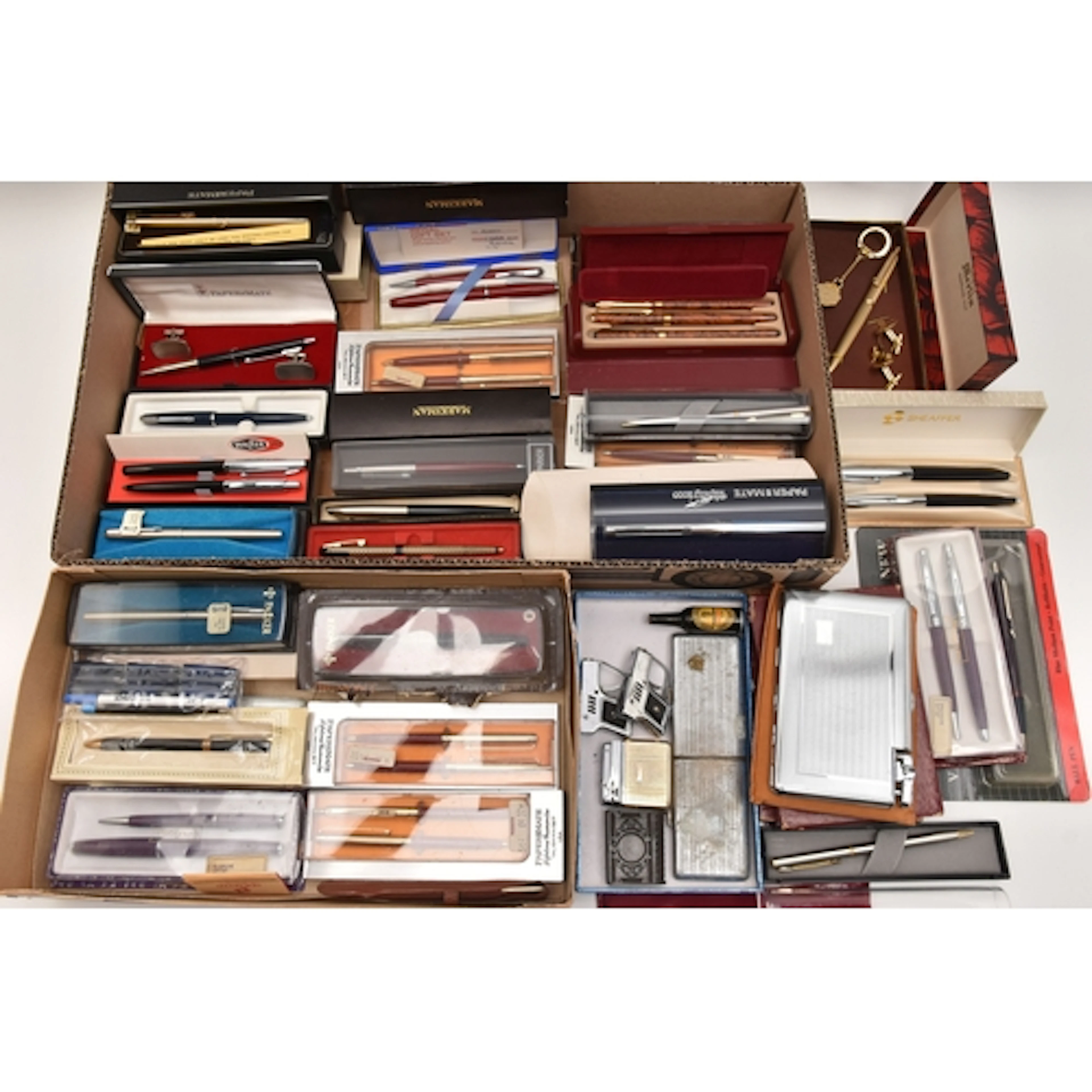 A BOX OF ASSORTED PENS, LIGHTERS ETC, to include a variety o...