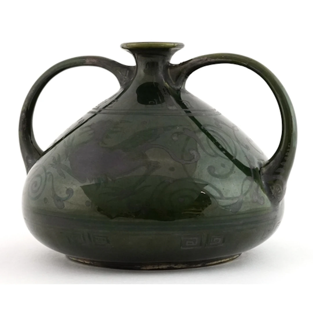 Japanese Meiji period art pottery green glazed squat vase ha...