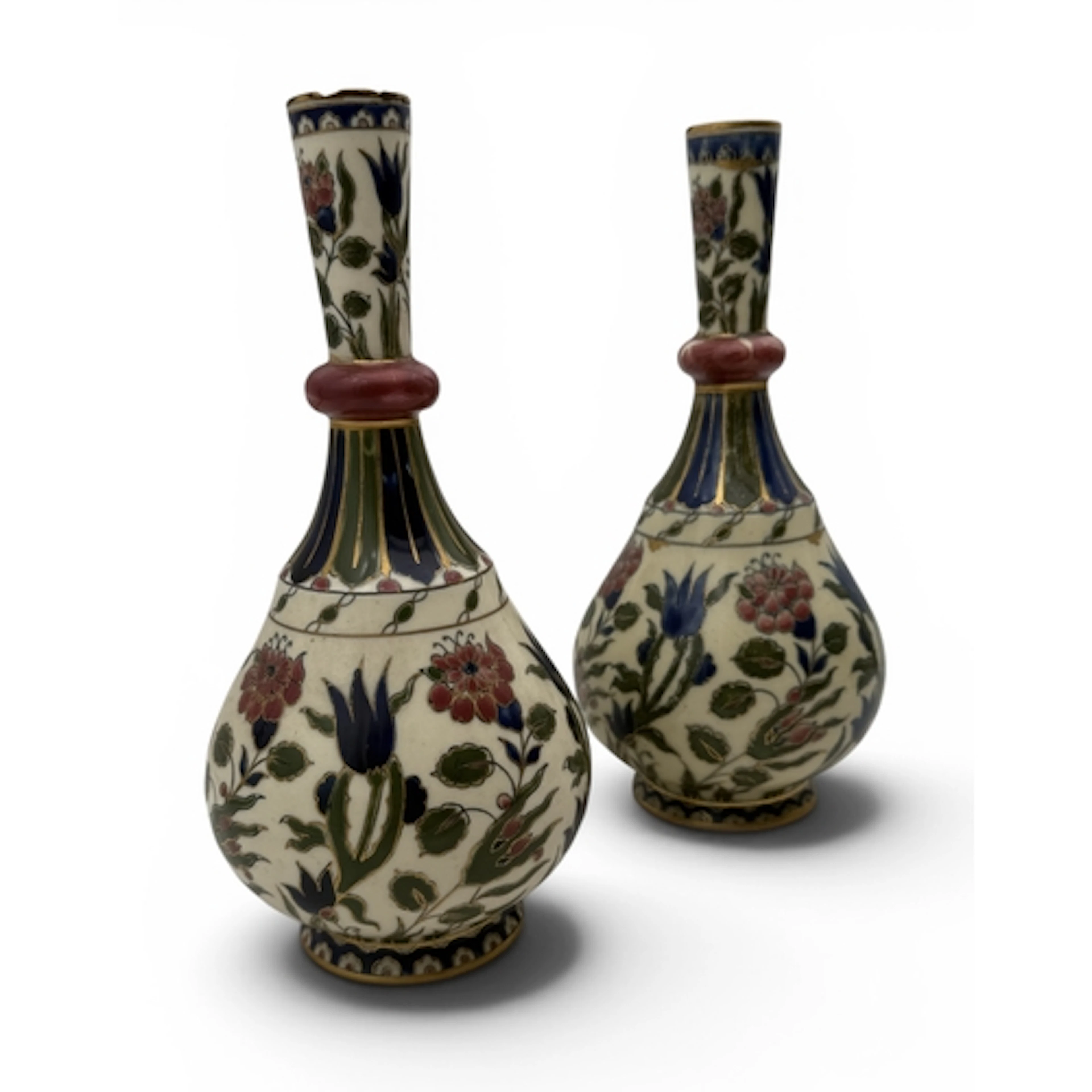 A PAIR OF ZSOLNAY PECS IZNIK PATTERN VASES 23cm H ...