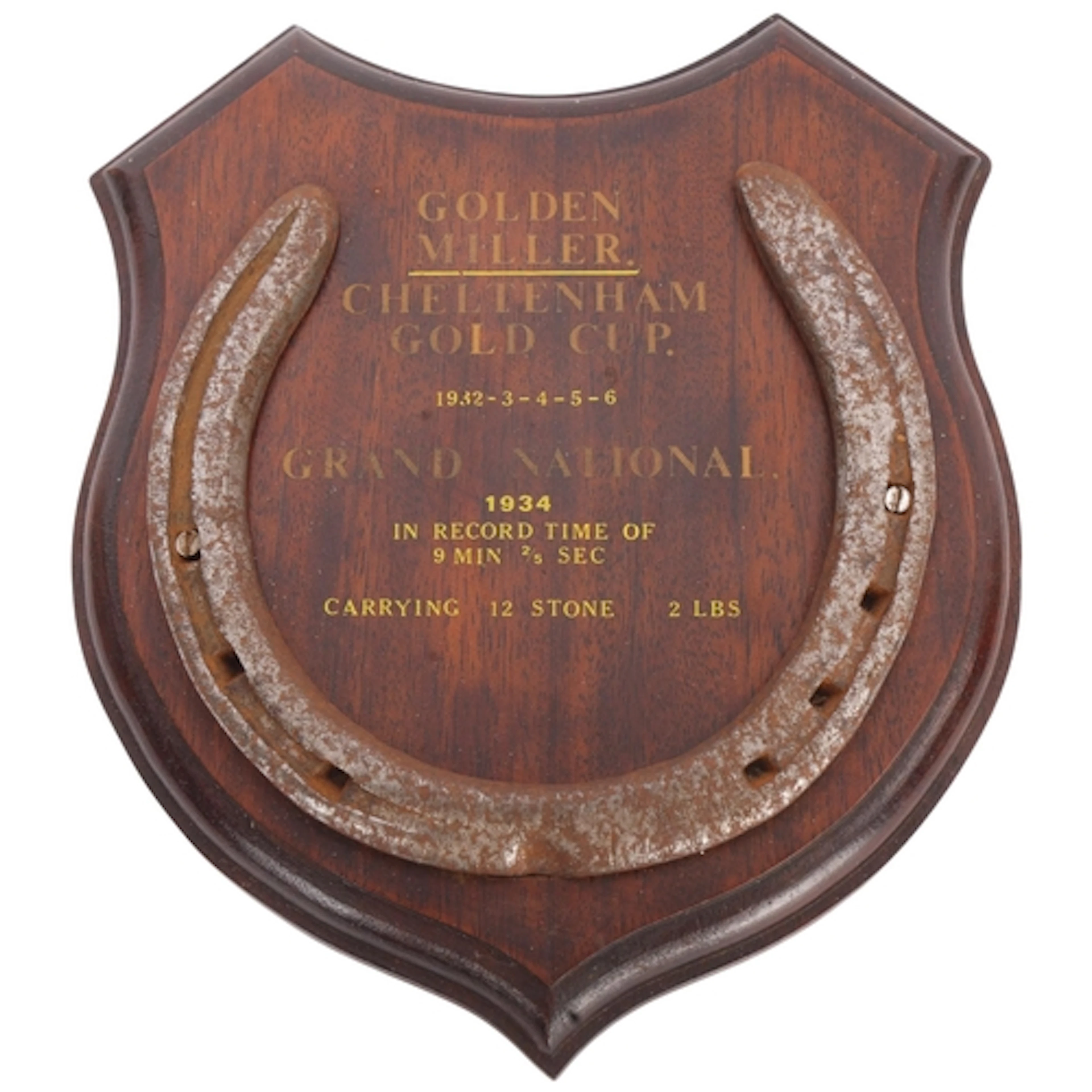 HORSE RACING INTEREST - a Vintage iron horseshoe mounted on ...