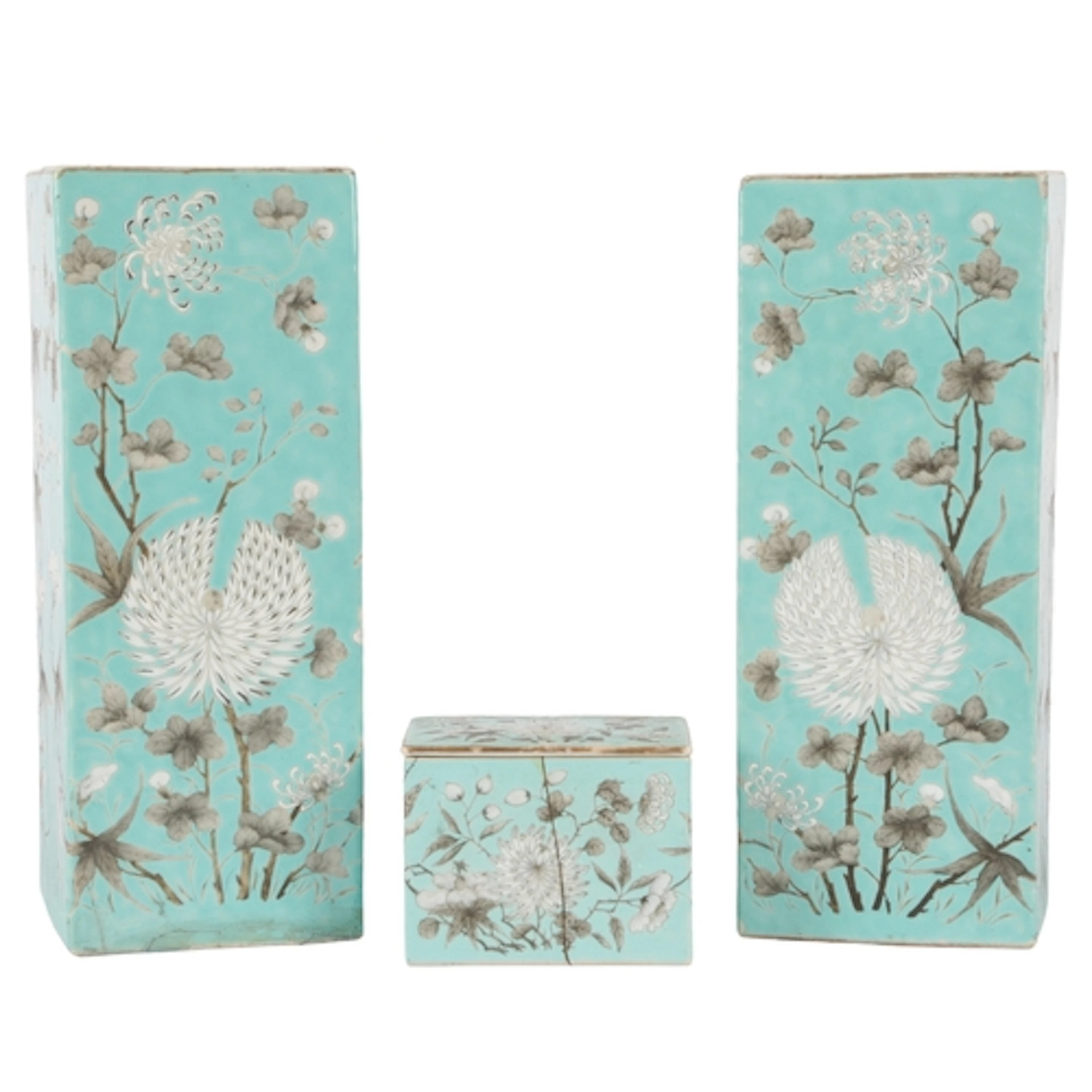 A pair of Chinese grisaille enamelled turquoise ground squar...