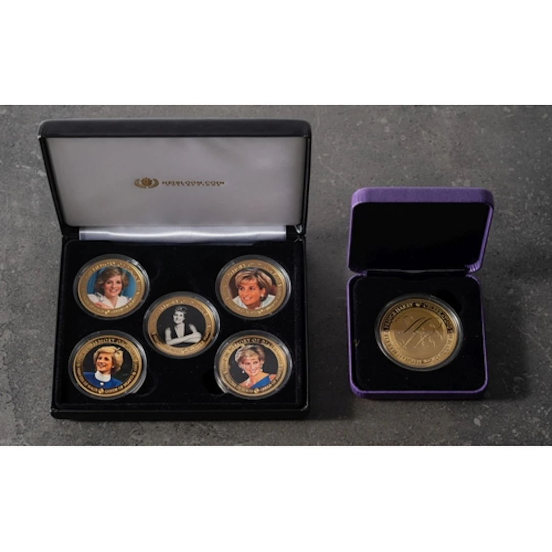 A mixed collection of base metal gold plated medallions.