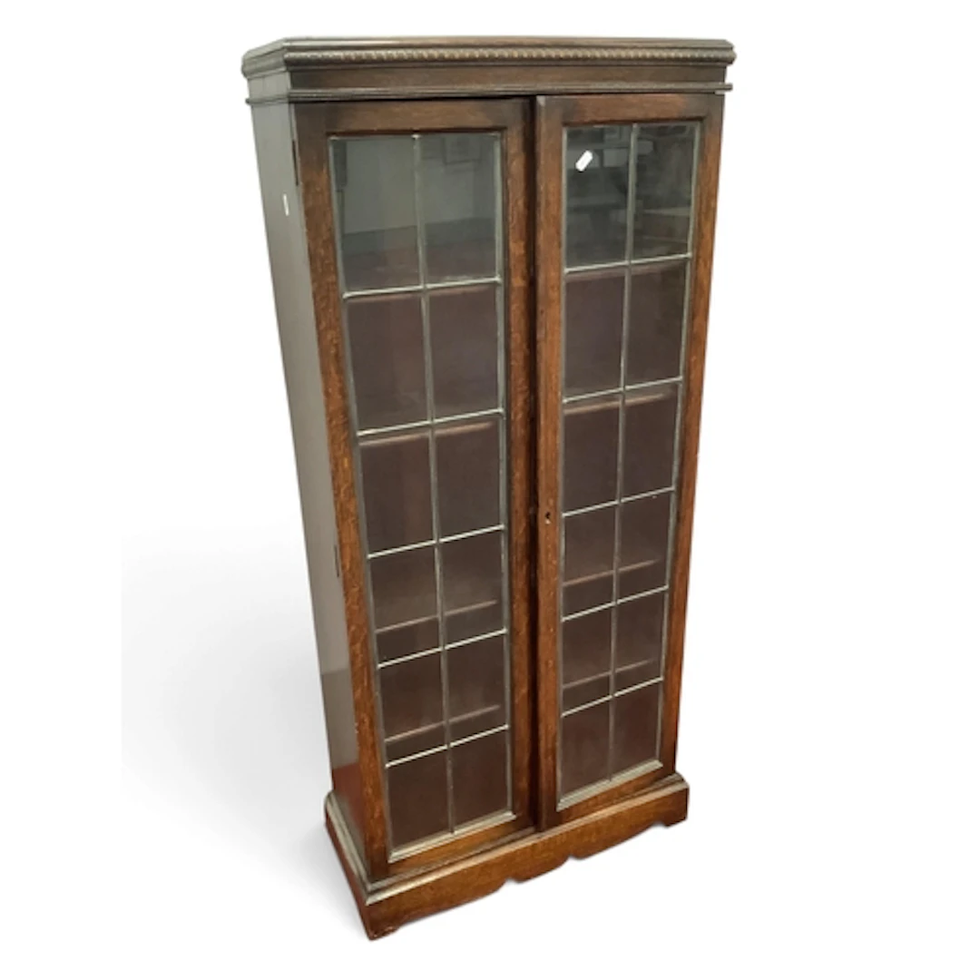 1920 Oak Display Cabinet, with twin lead glazed doors, 136cm...
