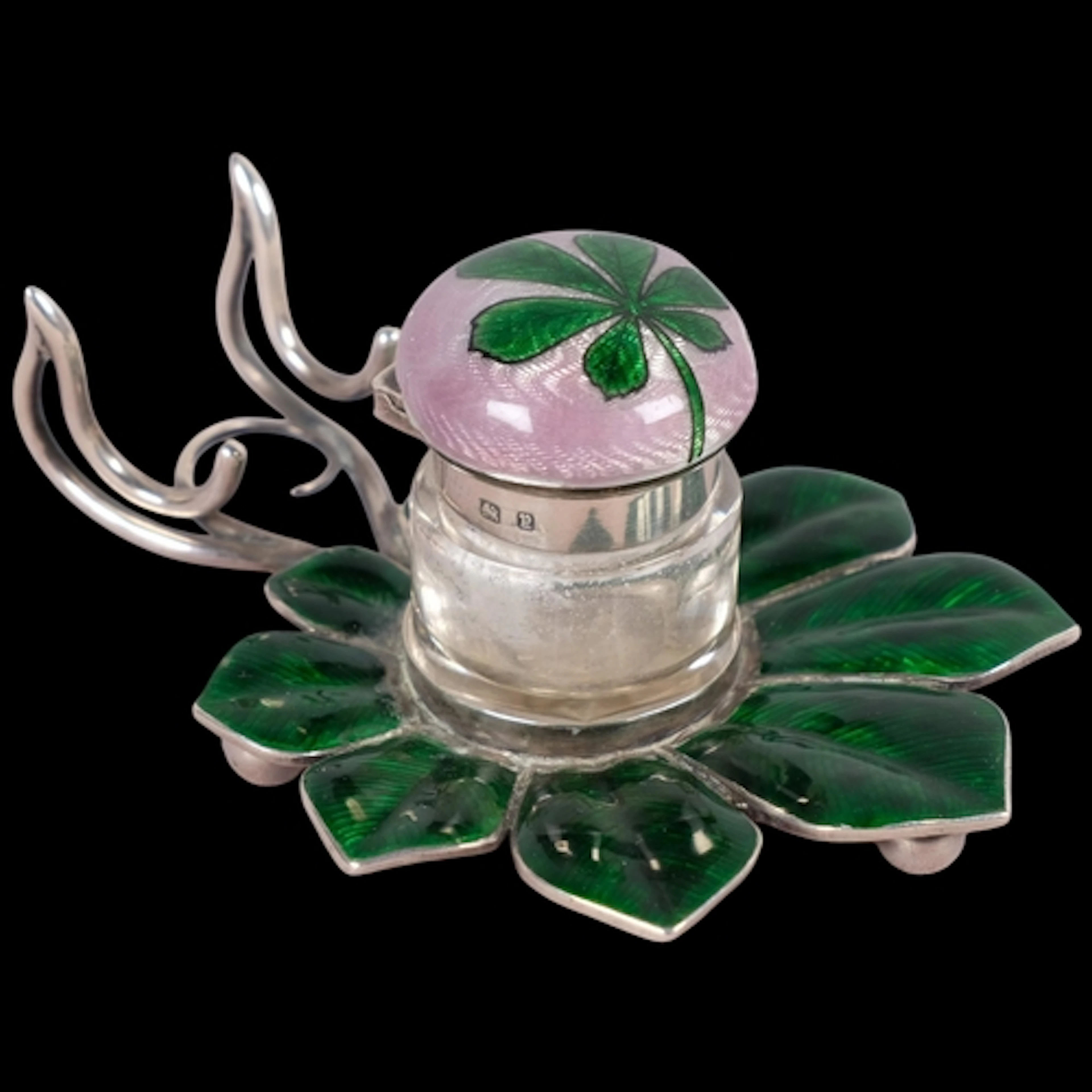 An Art Nouveau late Victorian silver and enamel inkwell, Hei...