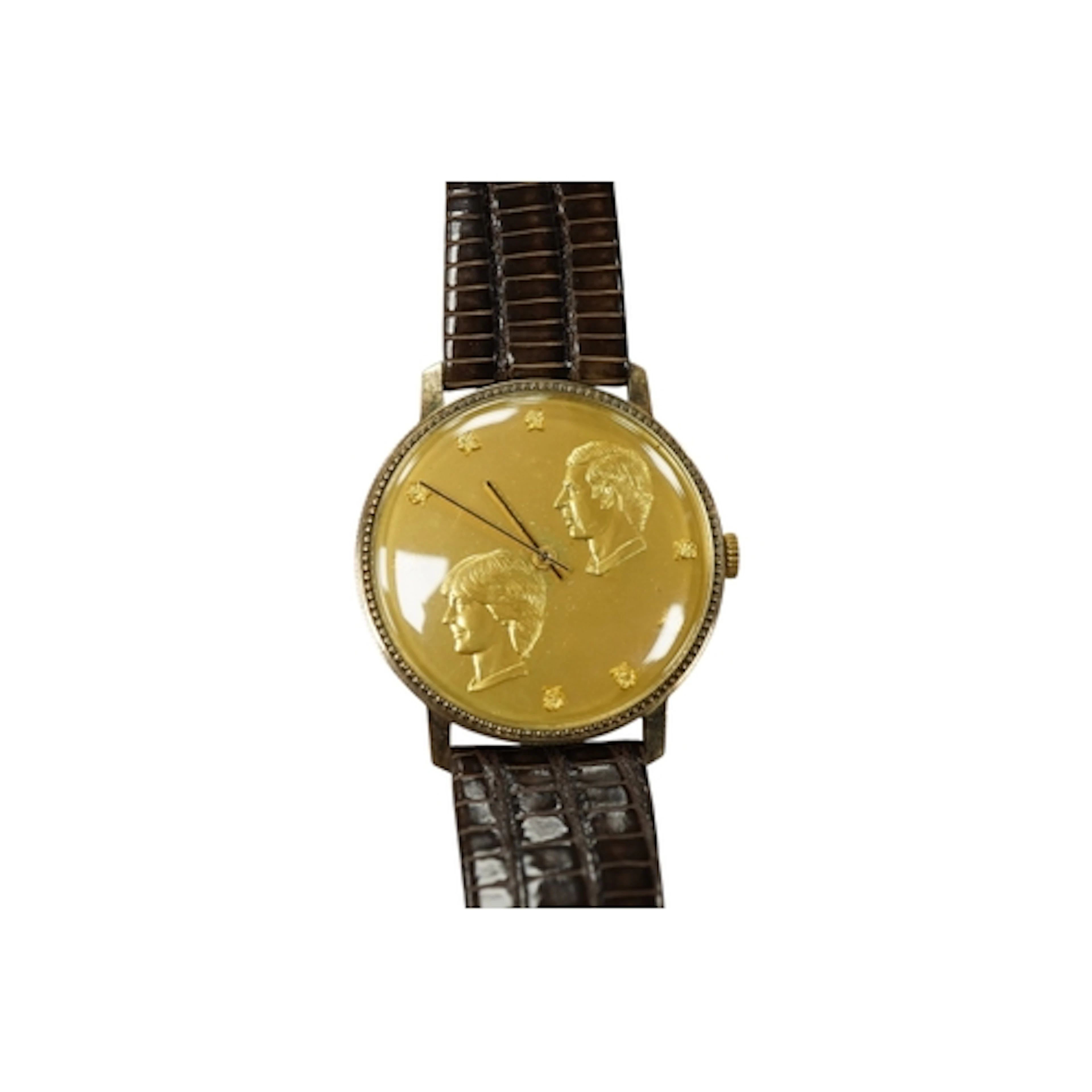 A silver gilt quartz wrist watch to commemorate the marriage...