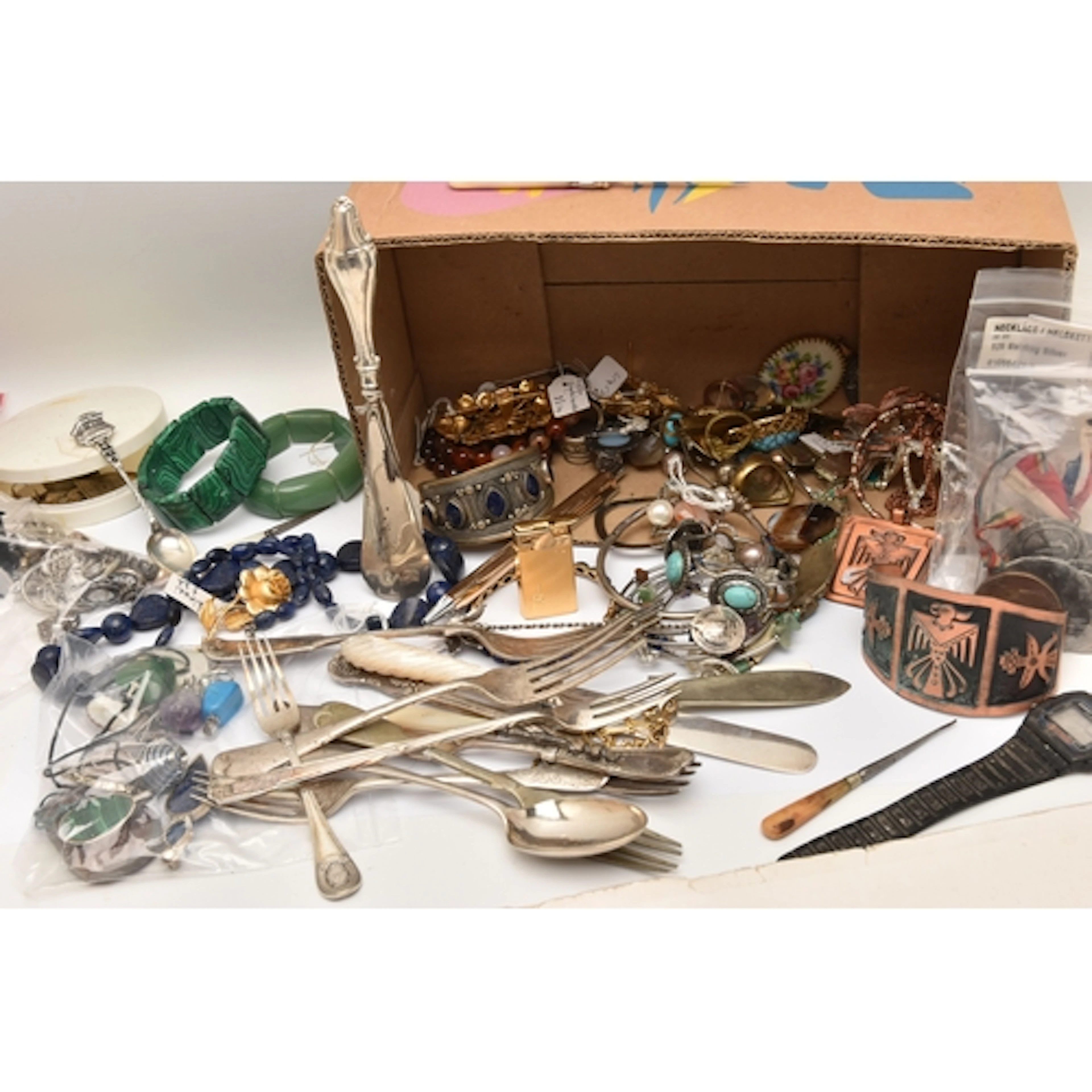 A BOX OF ASSORTED JEWELLERY AND ITEMS, to include two 'Trifa...