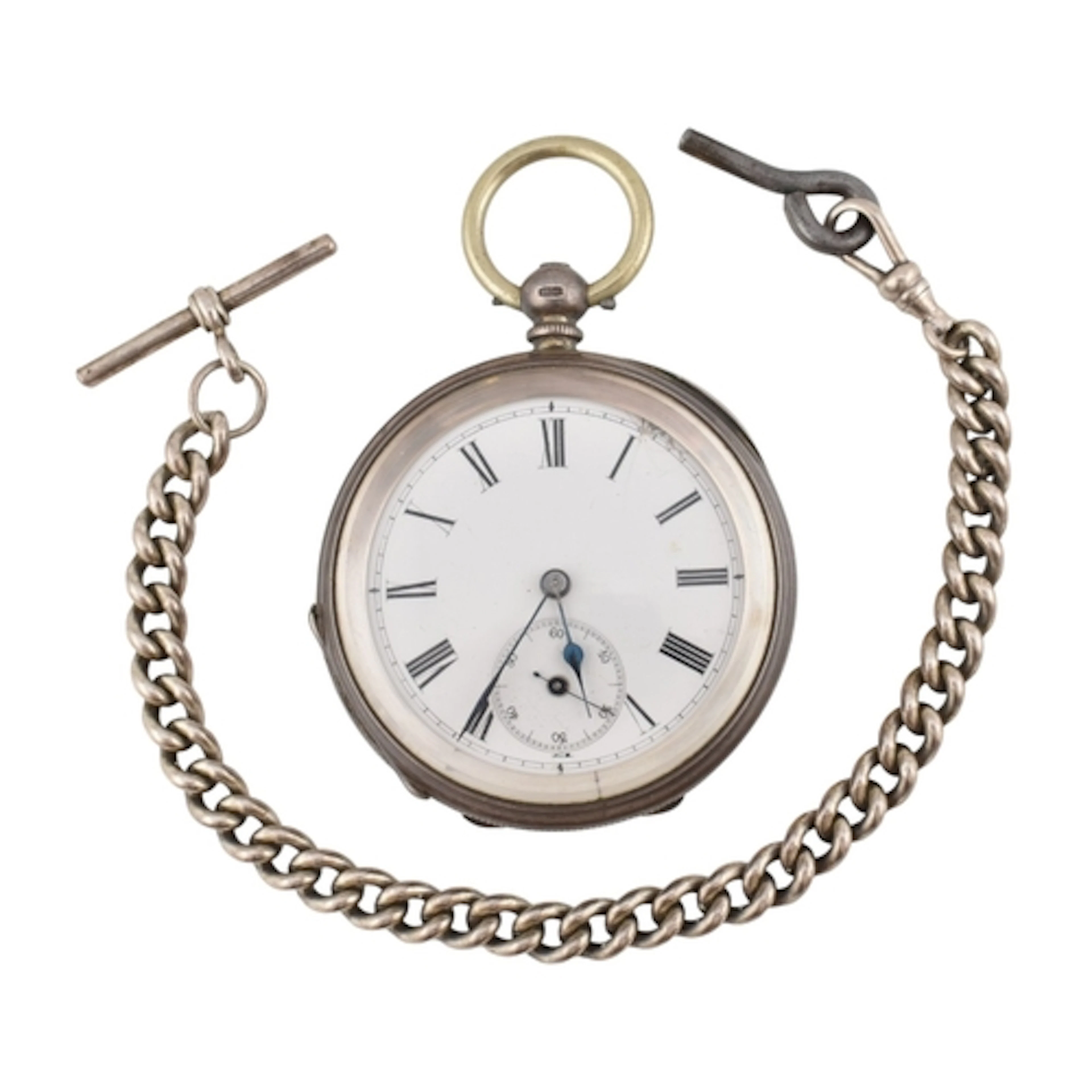 A Victorian hallmarked silver pocket watch on a silver watch...