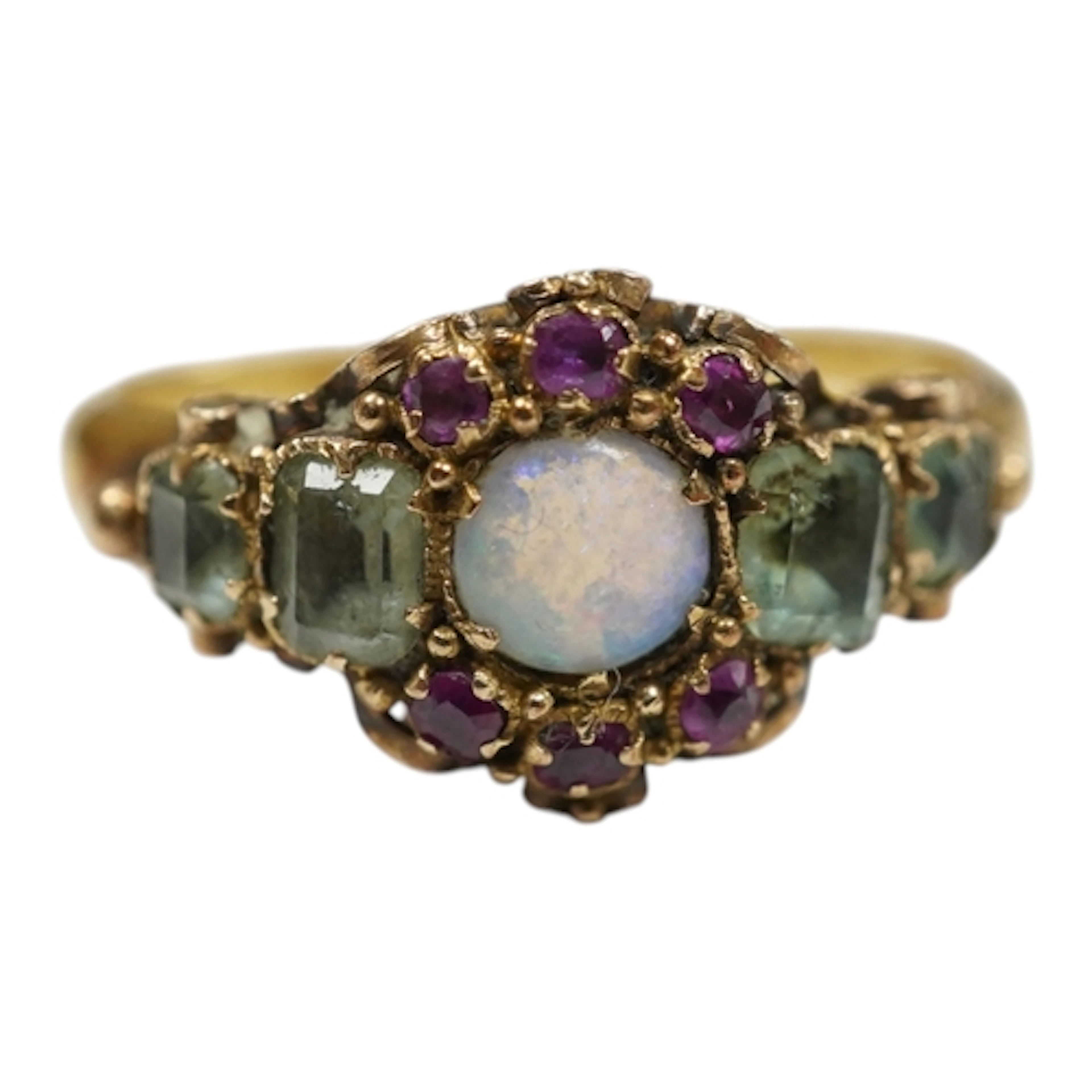 A Victorian 22ct gold, opal, ruby and chrysoberyl? cluster s...