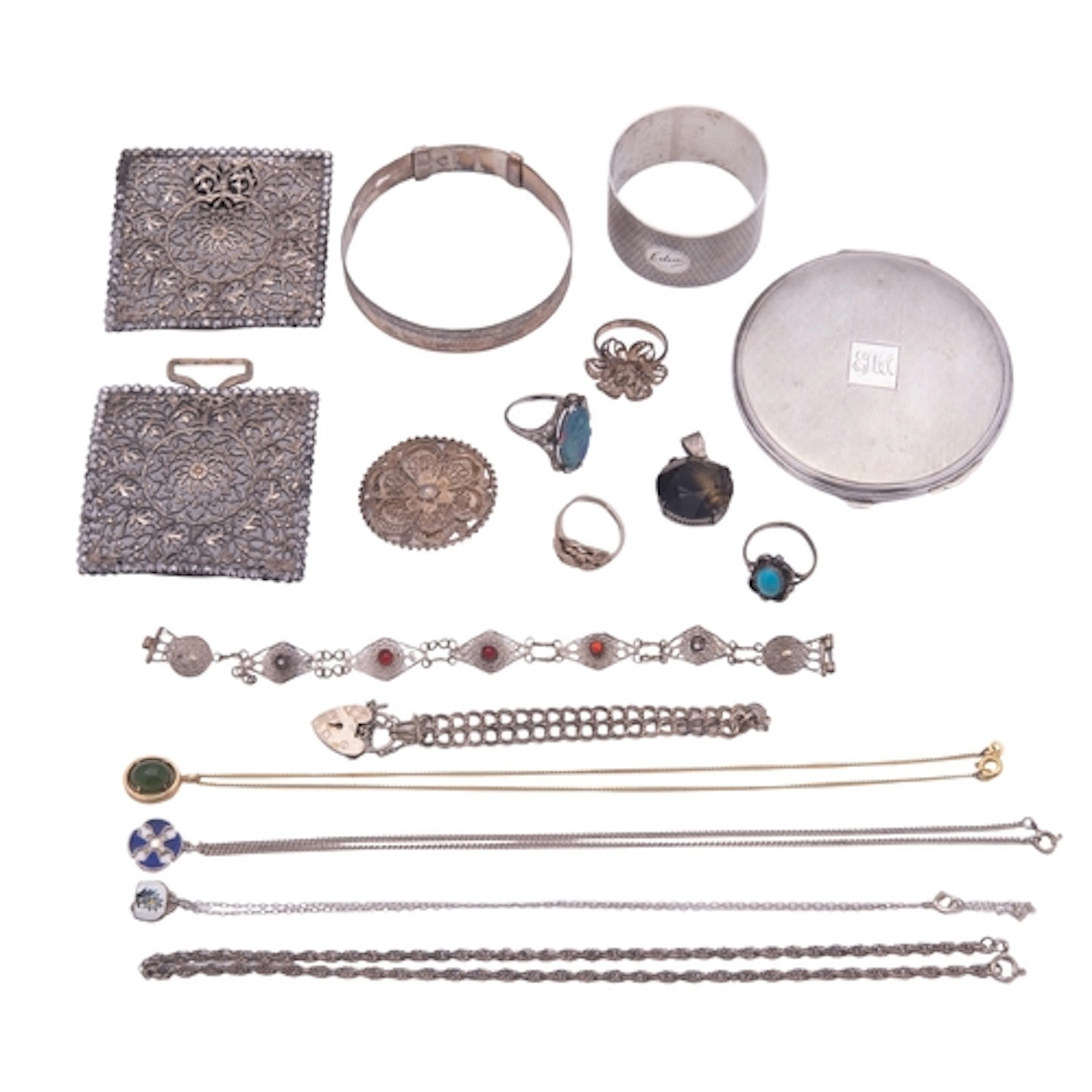 A mixed lot of silver jewellery etcetera, to include three n...