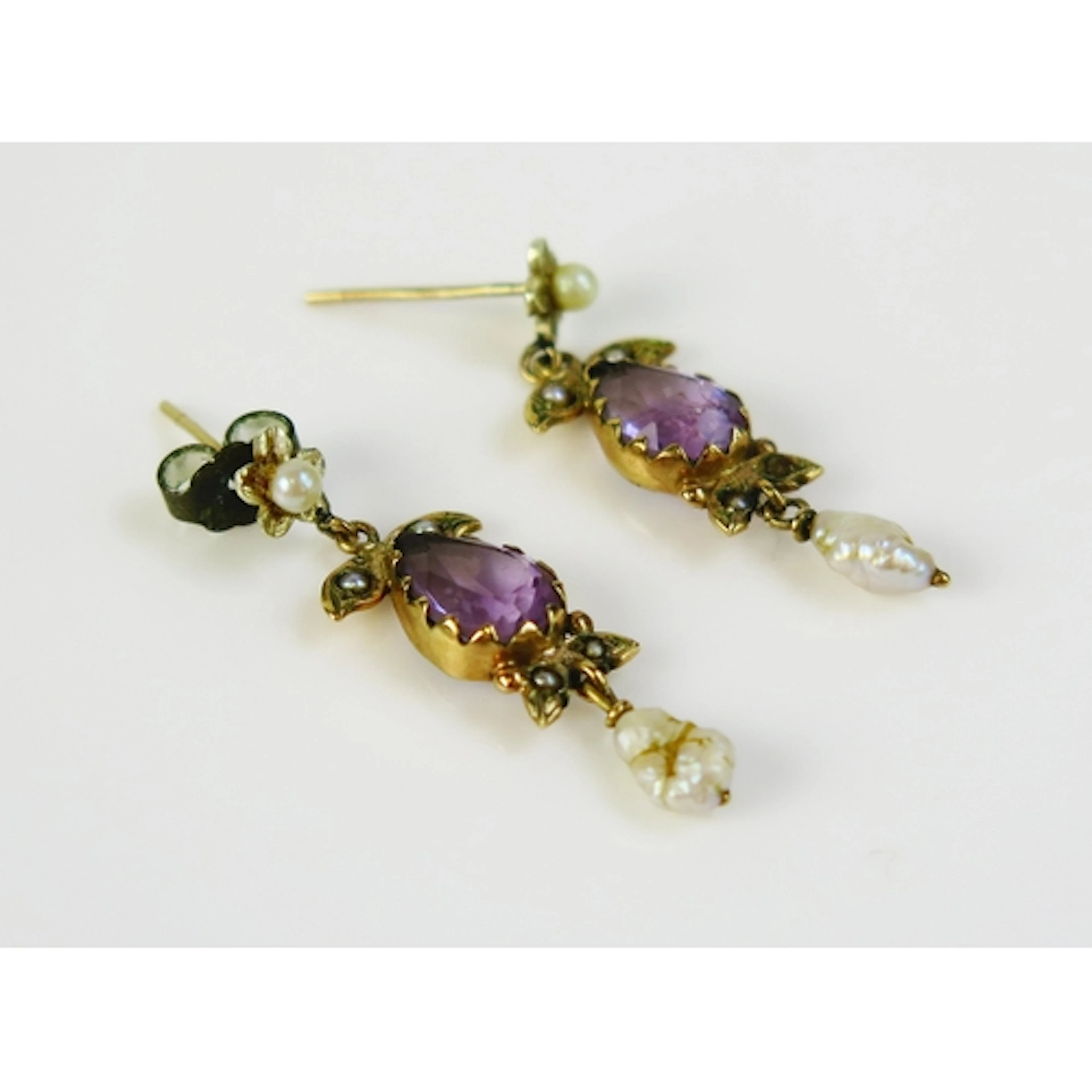 A pair of antique precious yellow metal, amethyst and seed a...