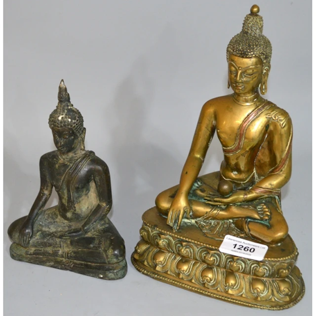 19th Century brass figure of Buddha, 23cm high, together wit...