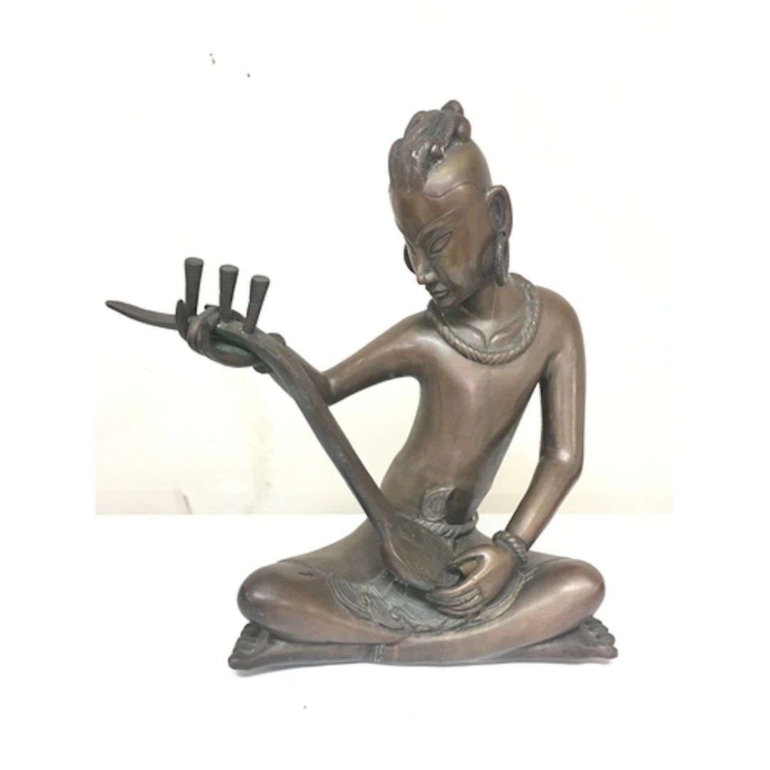 A large bronze seated tribal musician figure 47cm tall NO RE...