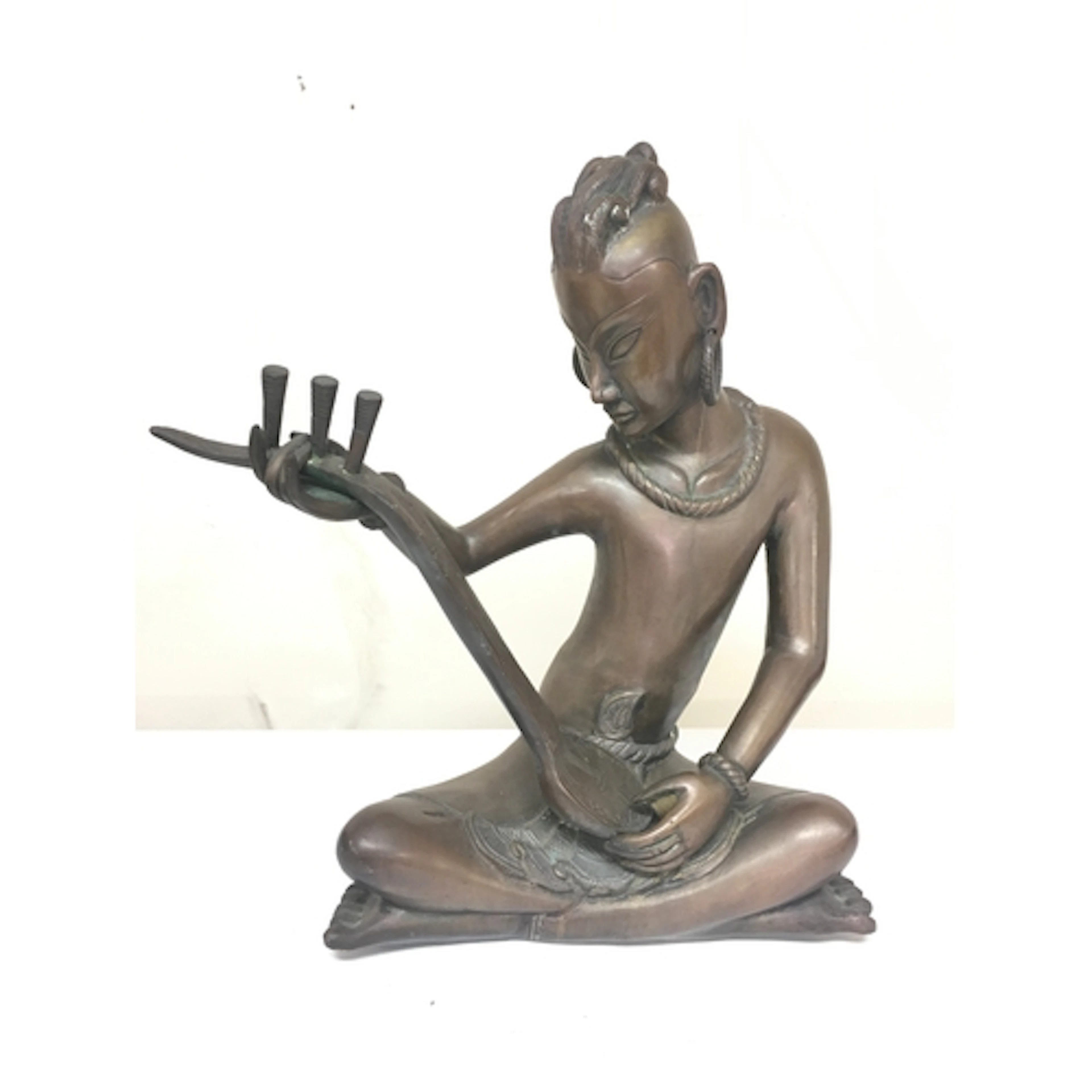 A large bronze seated tribal musician figure 47cm tall NO RE...