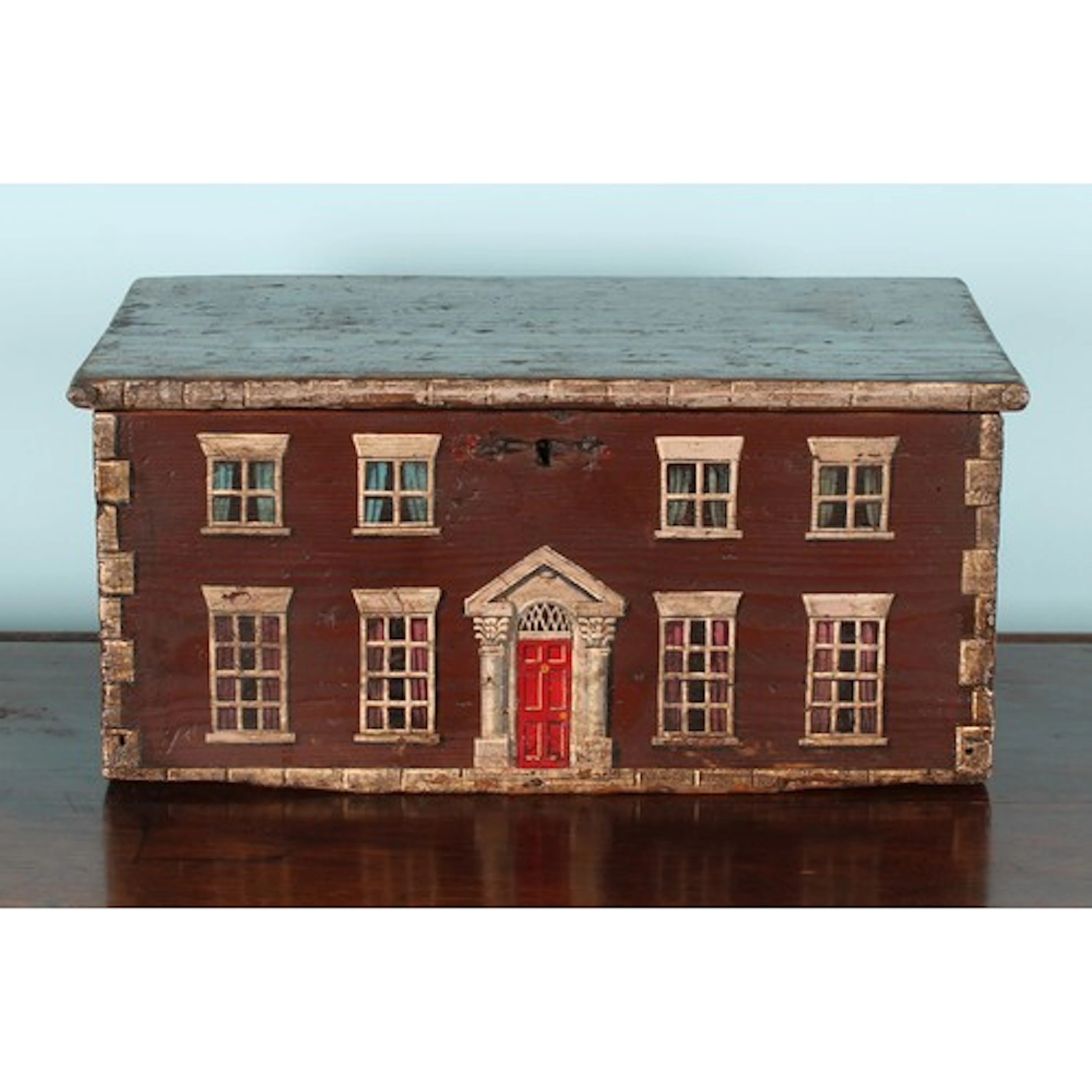 A 19th century pine table box, later painted in trompe-l'œil...