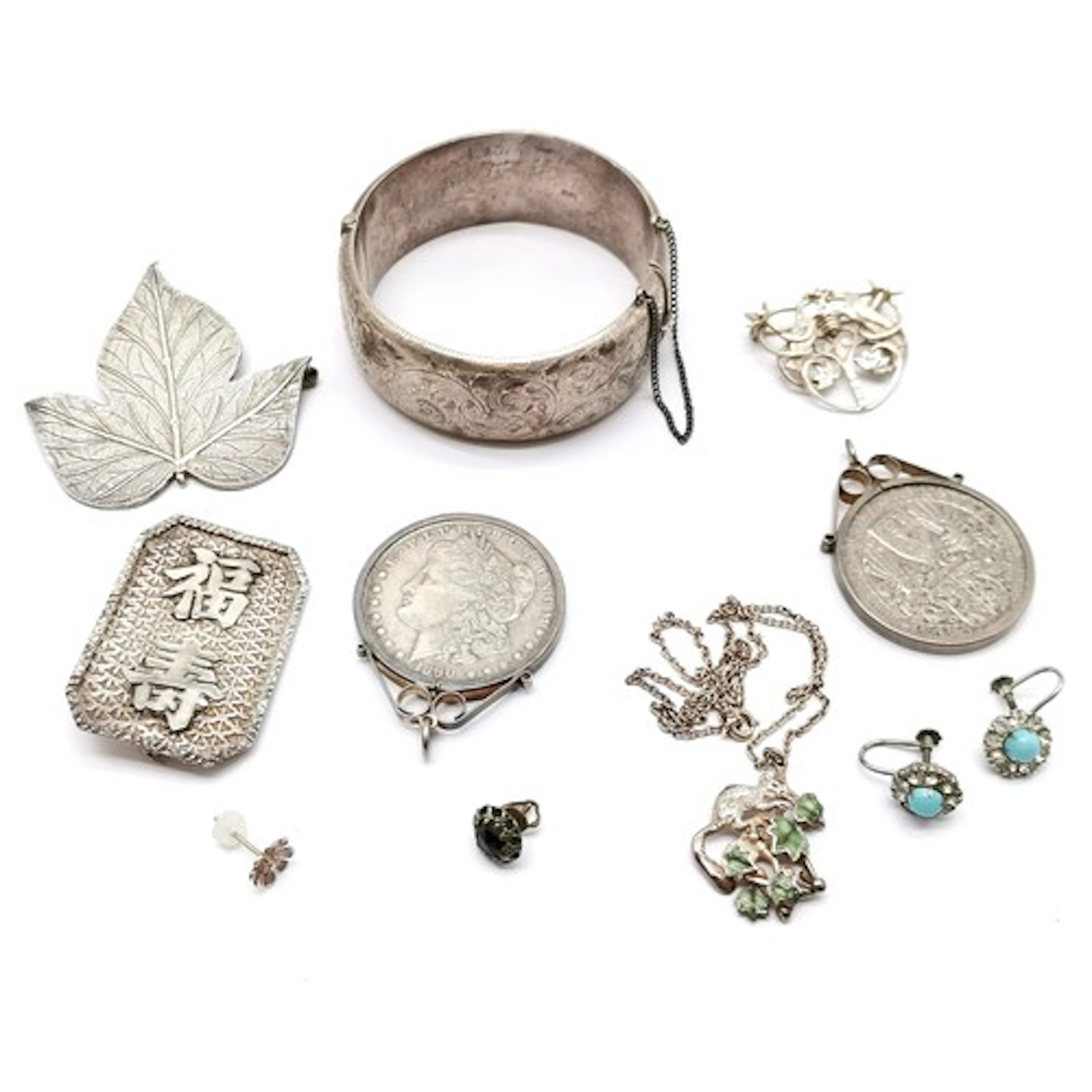 Qty of silver jewellery inc bangle (dents), 2 x coin pendant...