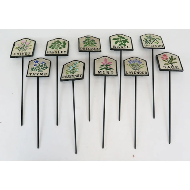 Quantity of cast iron garden herb markers including Rosemary...