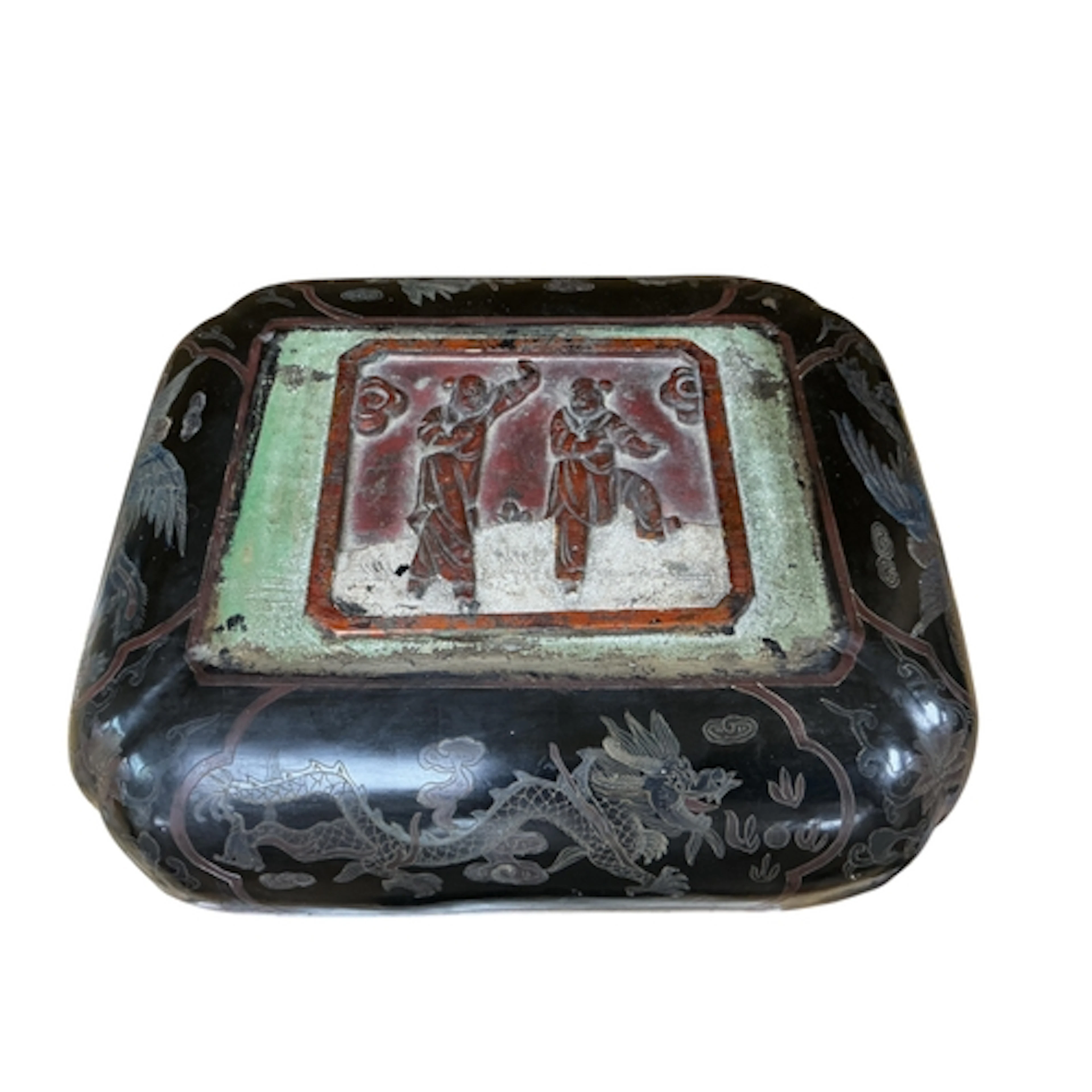 A Chinese rectangular lacquer box and cover relief decorated...