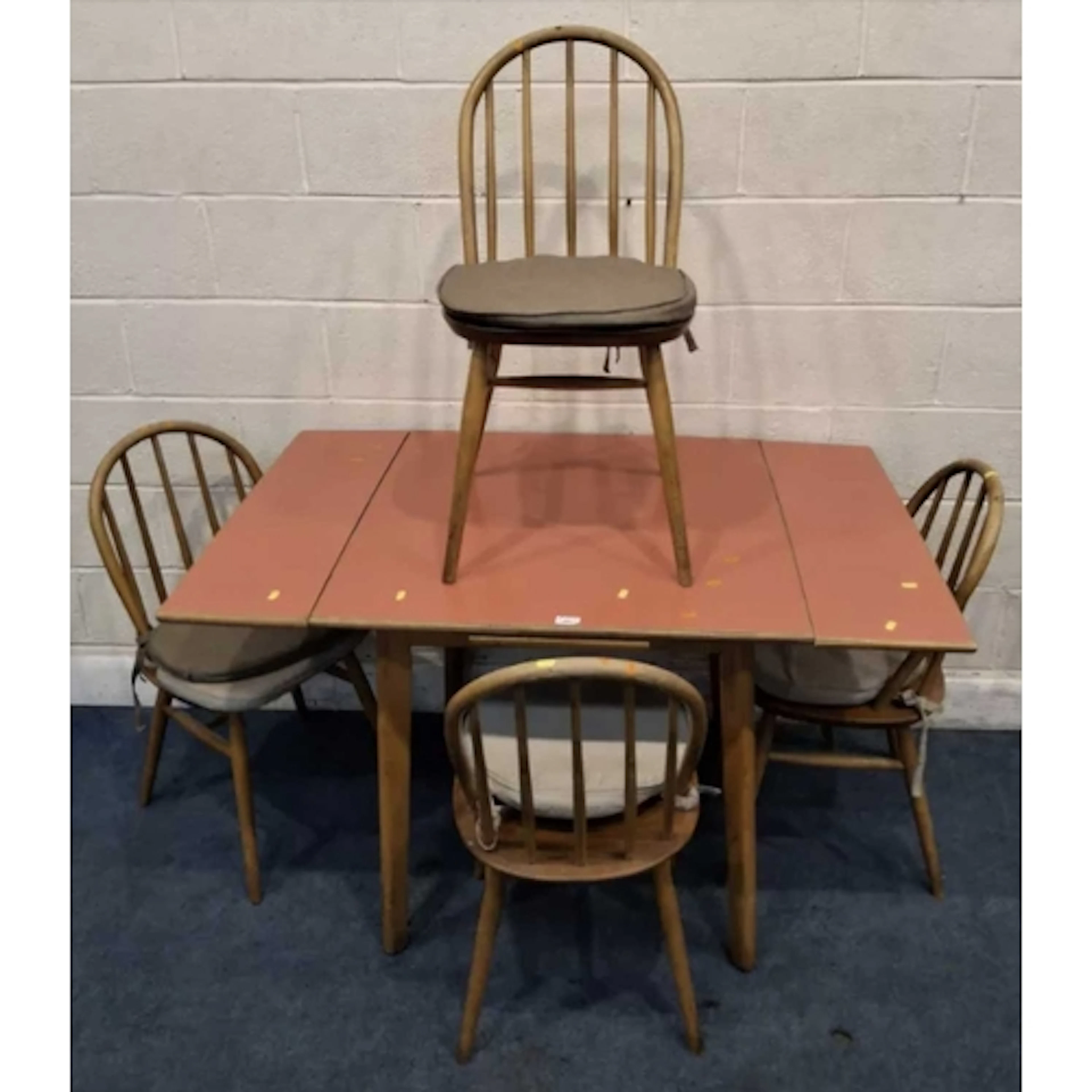 A 20TH CENTURY FORMICA DRAW LEAF TABLE, along with a set of ...
