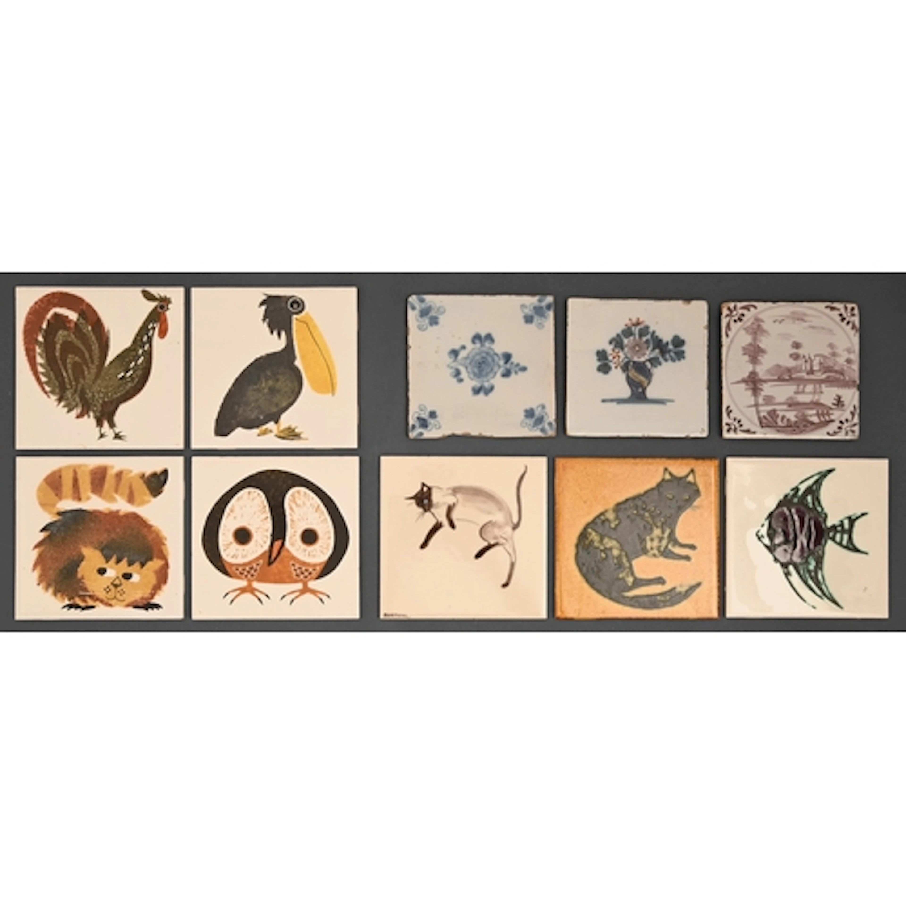 Four six inch wall tiles designed by Kenneth Townsend from t...