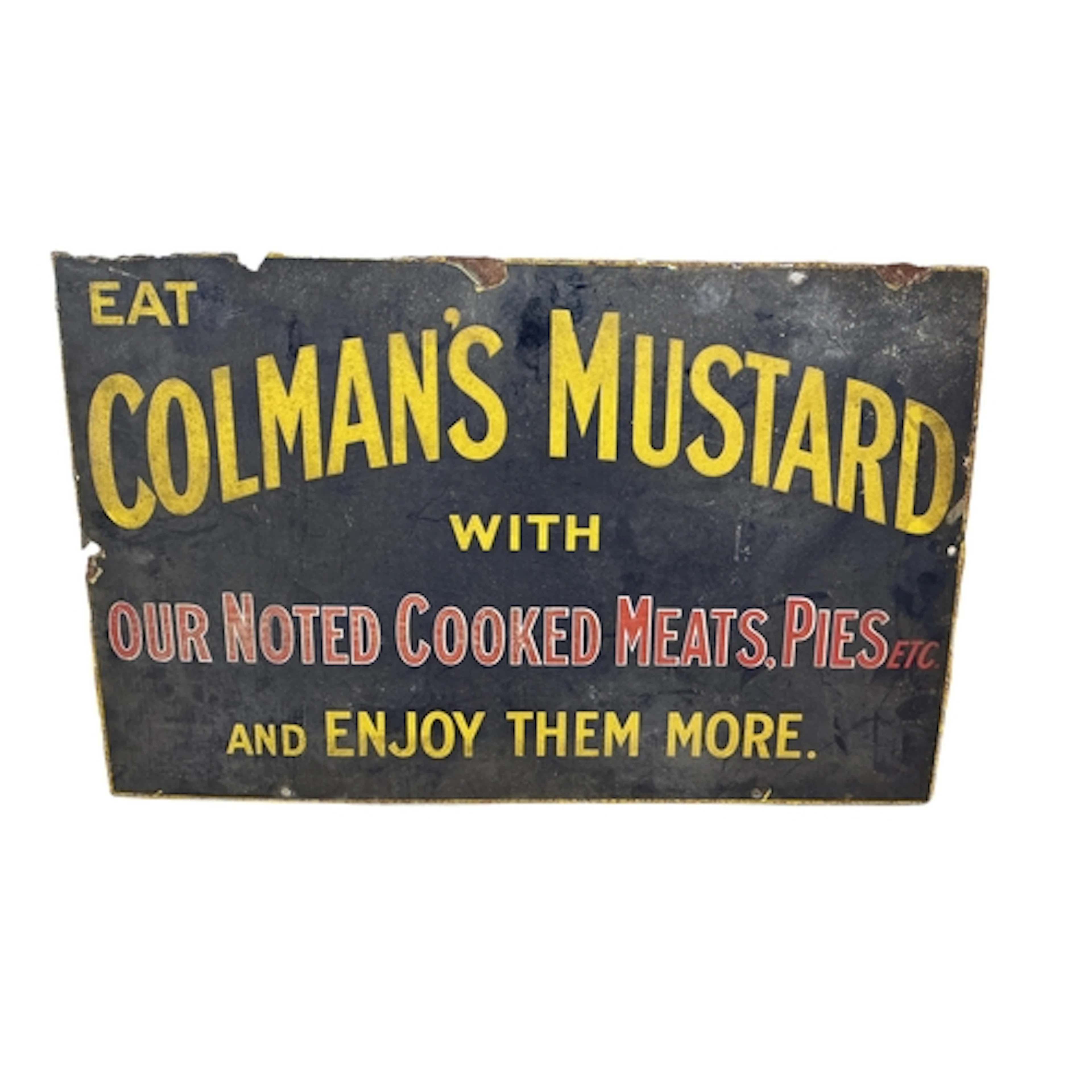 A vintage Colmans mustard enamel advertising sign, 'Eat Colm...