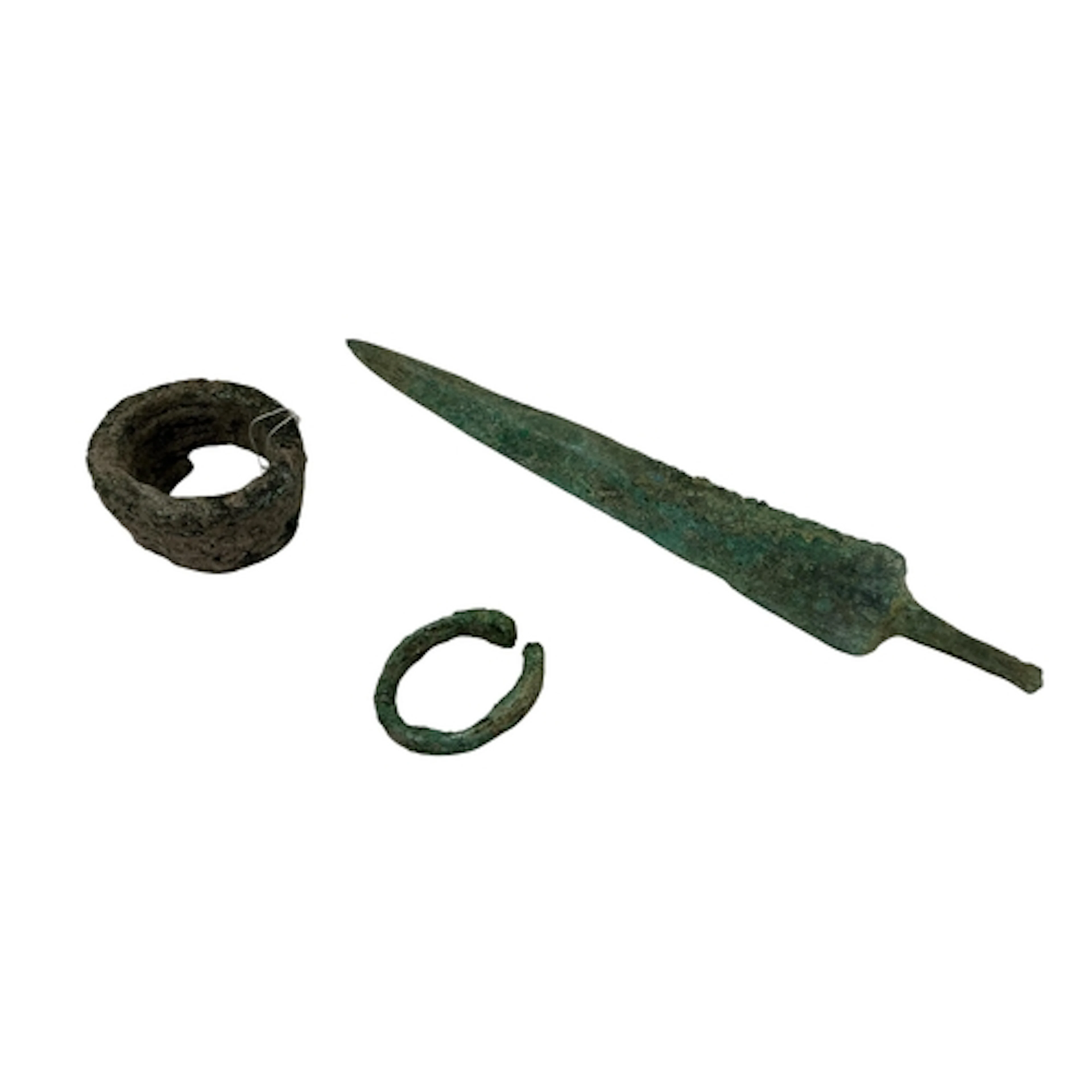A Bronze-age spear and two bracelets, largest 23cm in length...