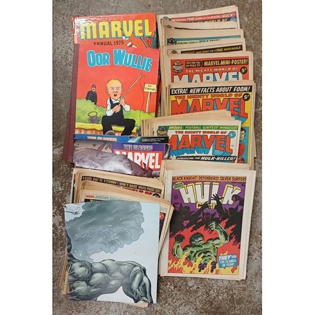 Box of assorted oor Wullie books, marvel comics etc