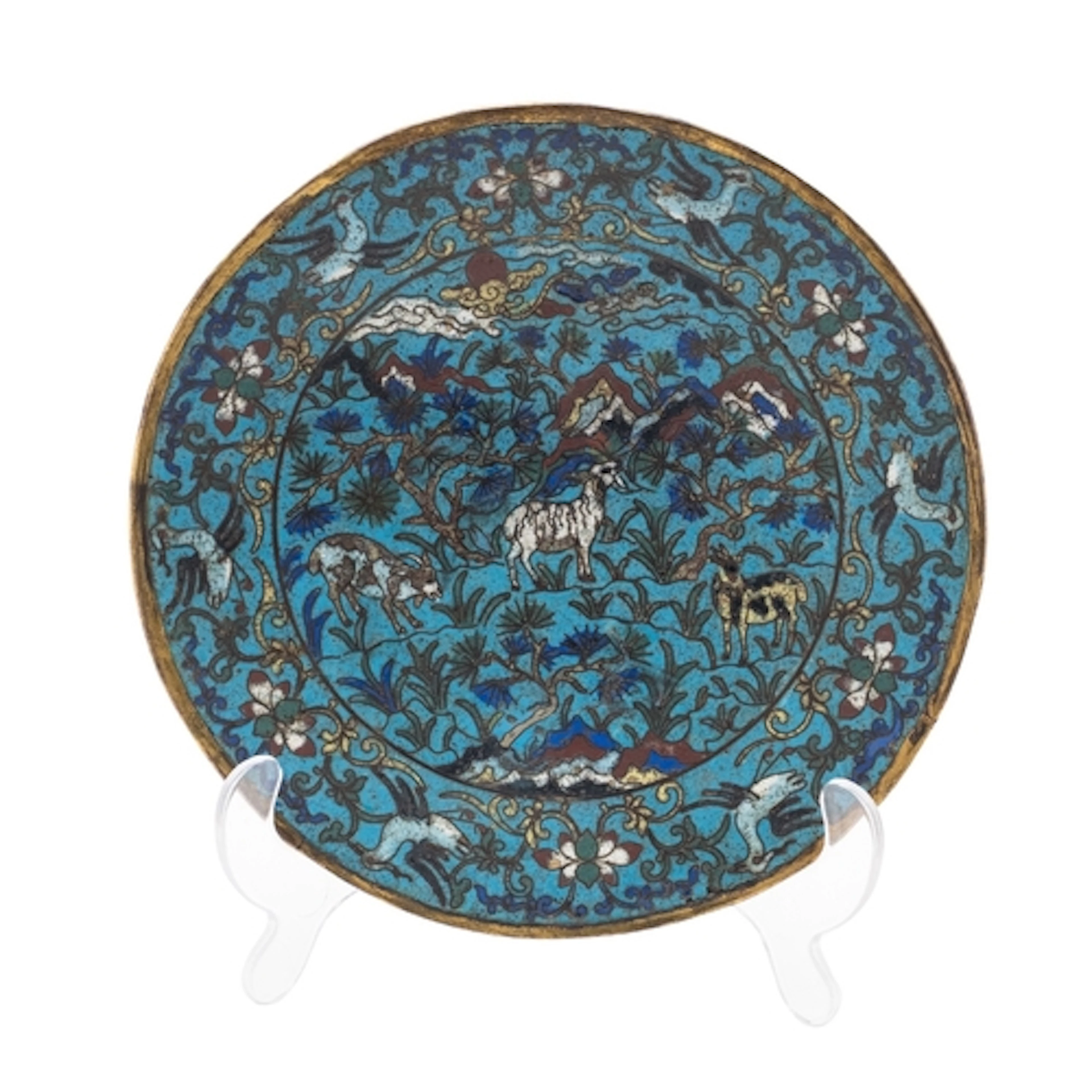 A Chinese cloisonne turquoise-ground 'goats and birds' dish,...