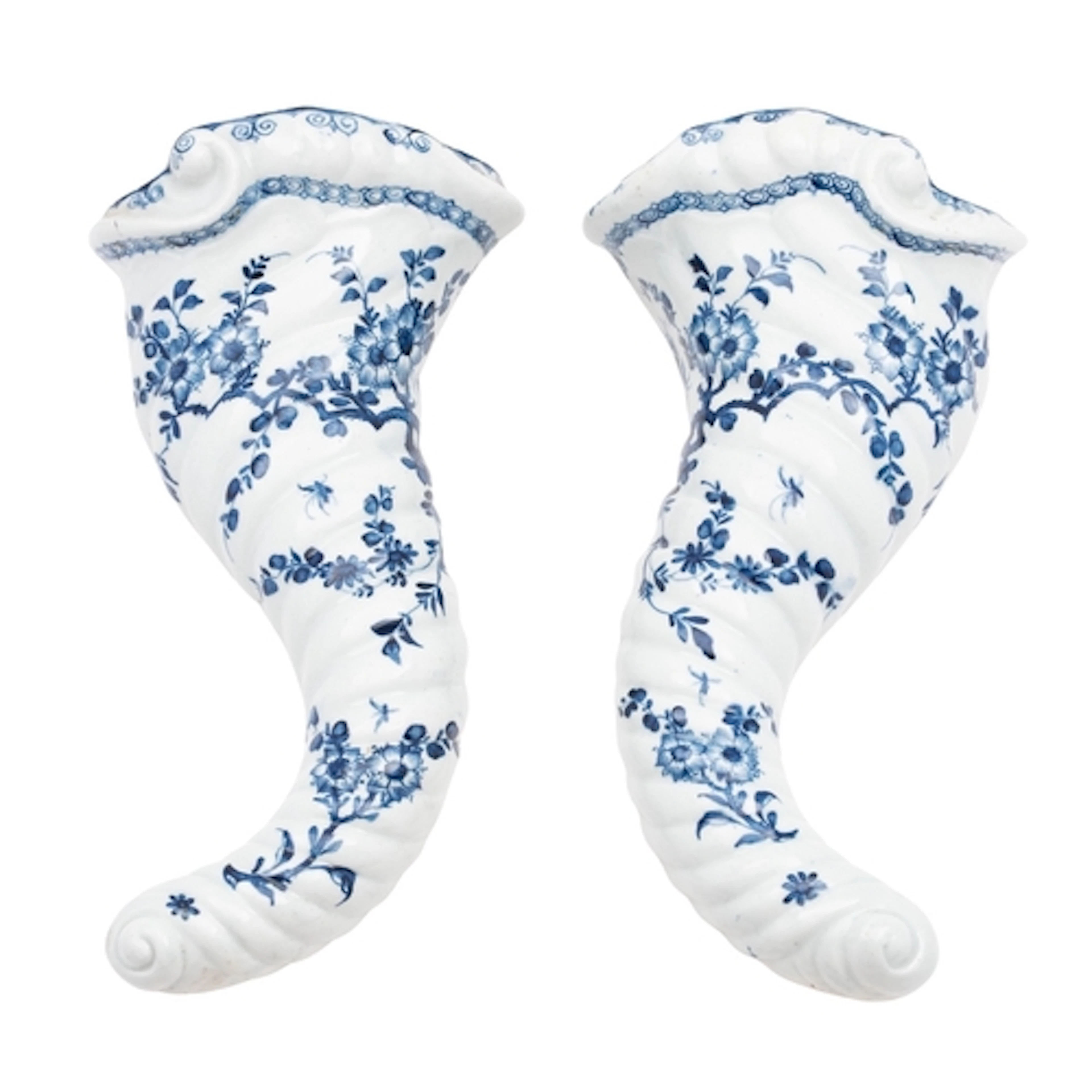 A pair of First Period Worcester blue and white cornucopia w...