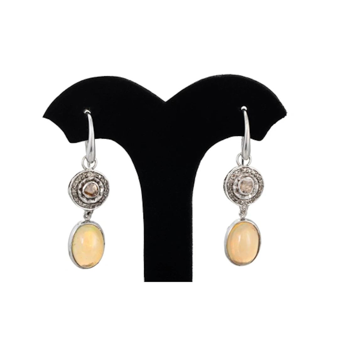 A PAIR OF DIAMOND AND WATER OPAL DROP EARRINGS, the circular...
