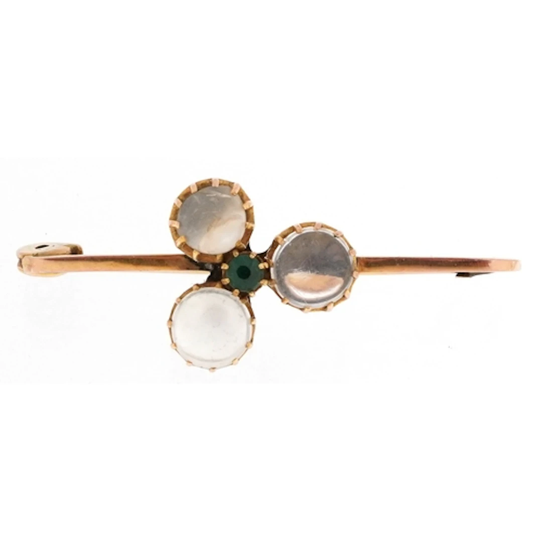 Antique 9ct gold moonstone and green stone bar brooch, 3.8cm...