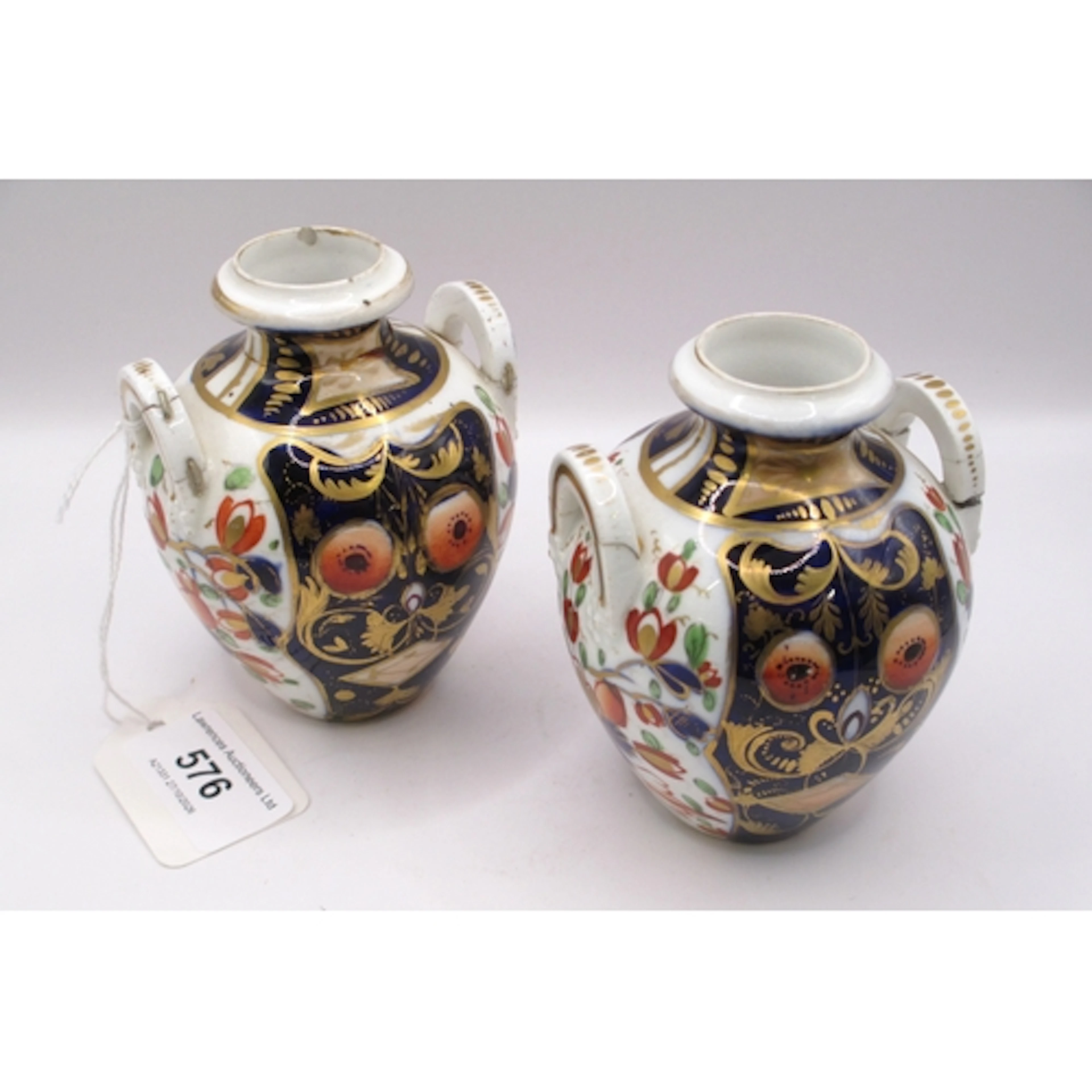 Pair of small 19th Century Derby Imari pattern two handled v...